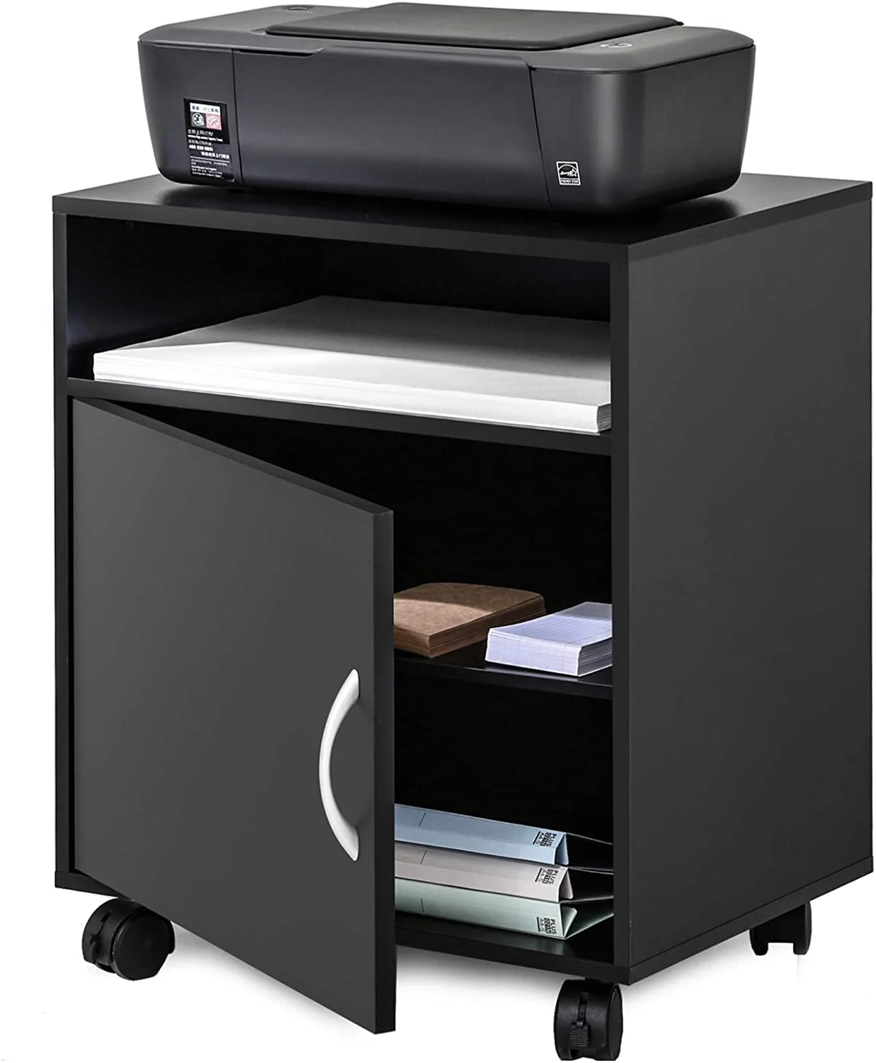 FITUEYES Mobile Printer Stand with Adjustable Storage Shelves, Wood Printer Cabinet with Door, Black Work Cart on Wheels for Home Office, 18.9