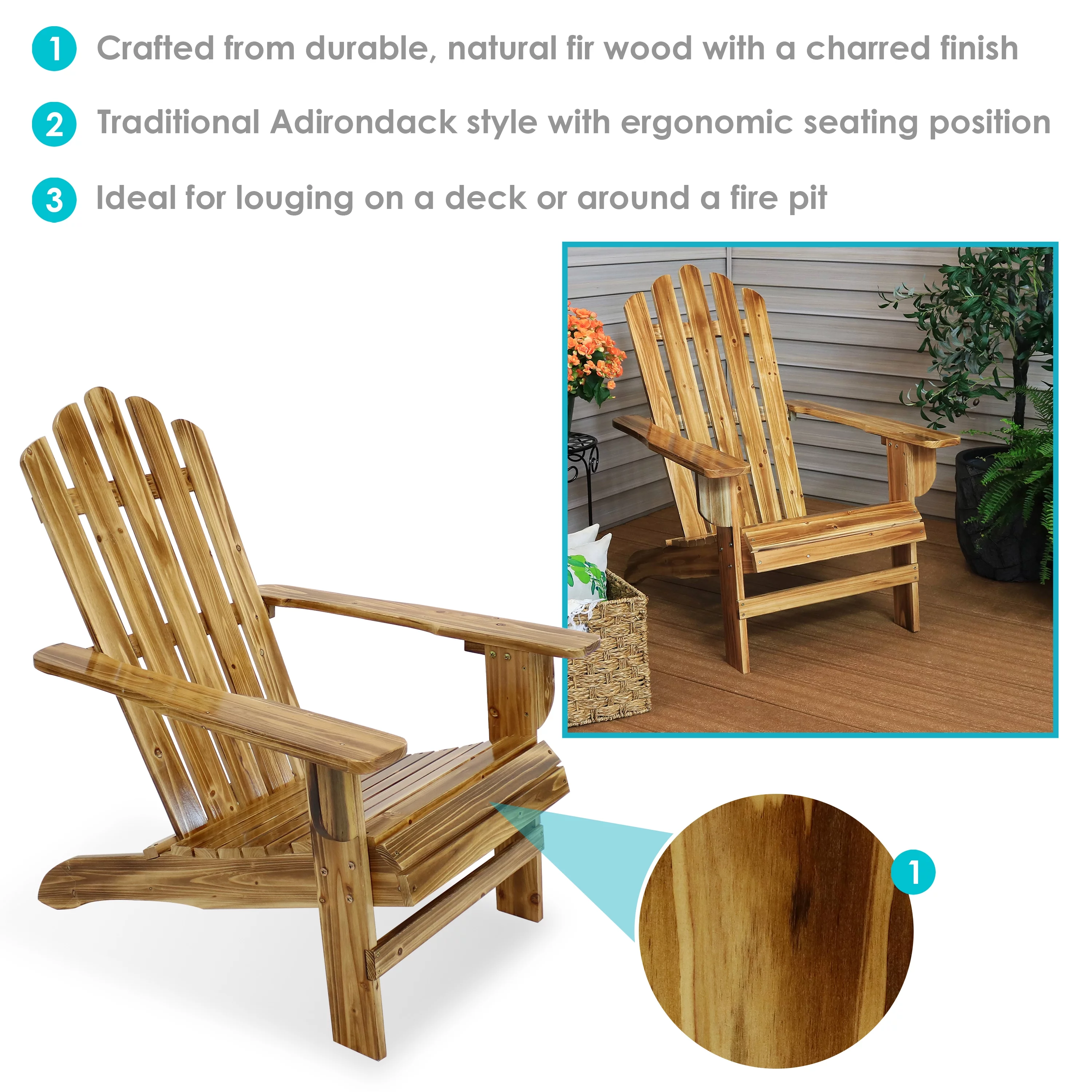 Sunnydaze Rustic Wooden Adirondack Chair with Light Charred Finish - Set of 2