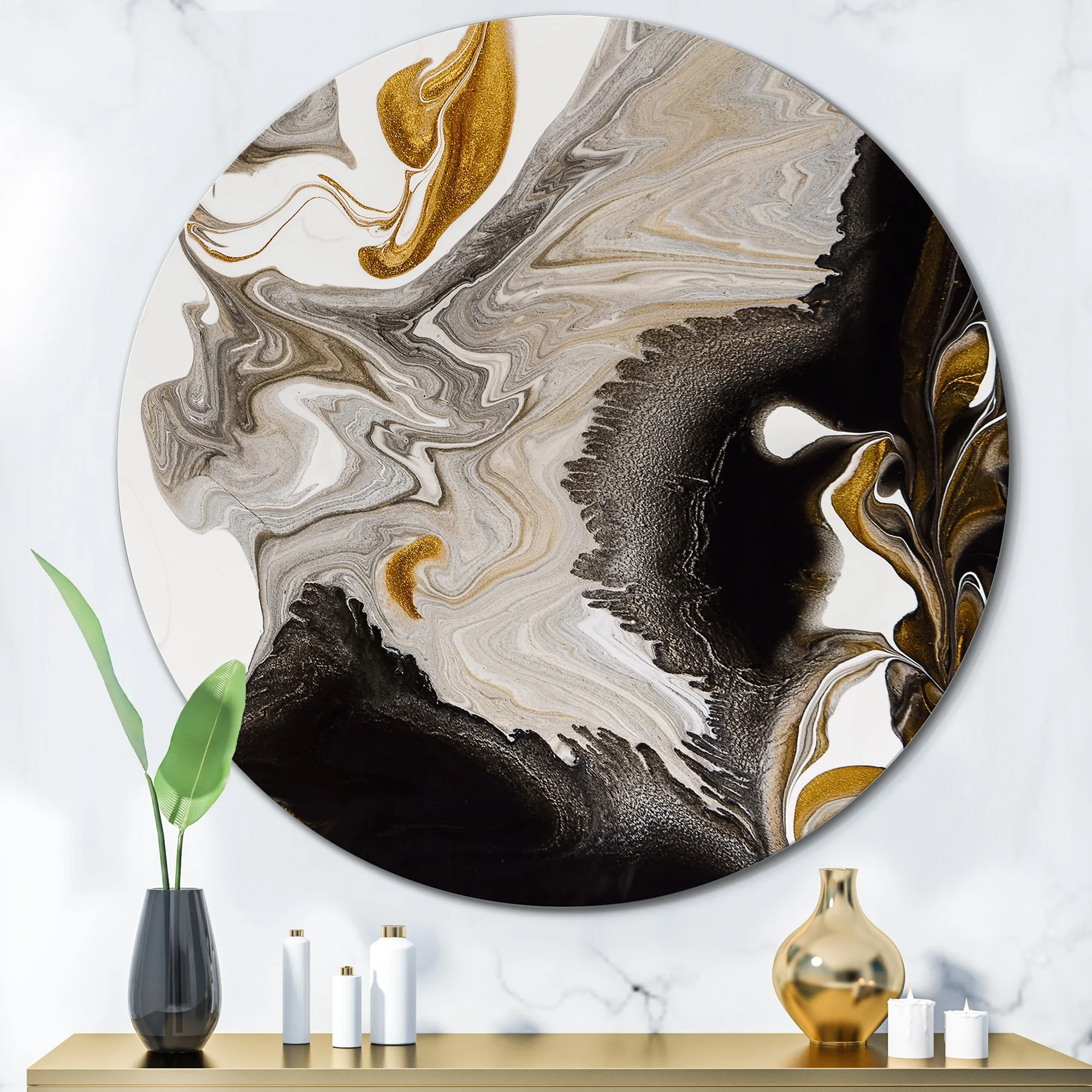 DESIGN ART Designart 'Gold And Black Marble Waves IV' Modern Metal Circle Wall Art 36x36 - Disc of 36 Inch
