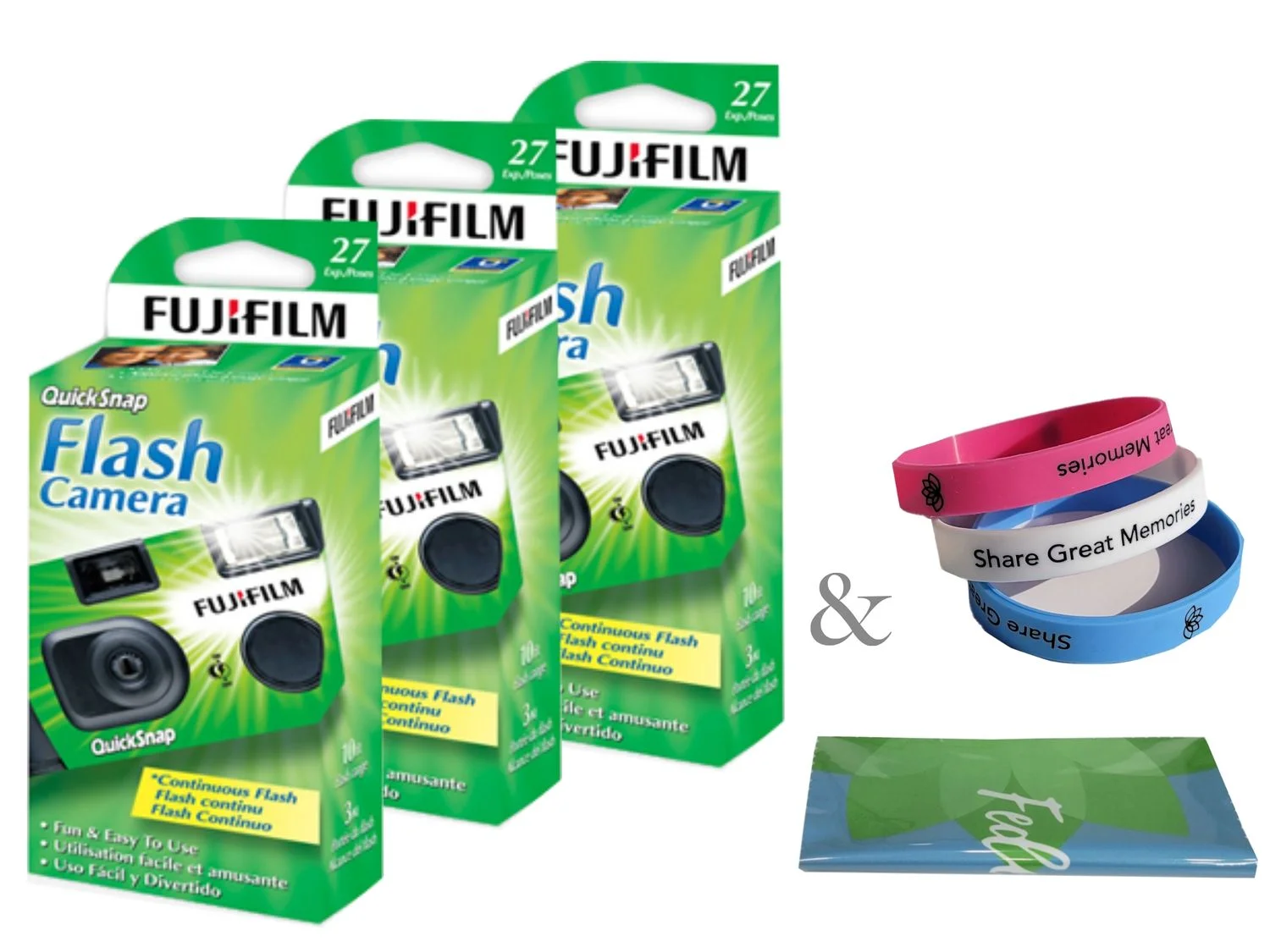 Fujifilm QuickSnap 7033661 Disposable Camera (3 Pack) Plus a Bonus Wrist Band and a Cleaning Cloth
