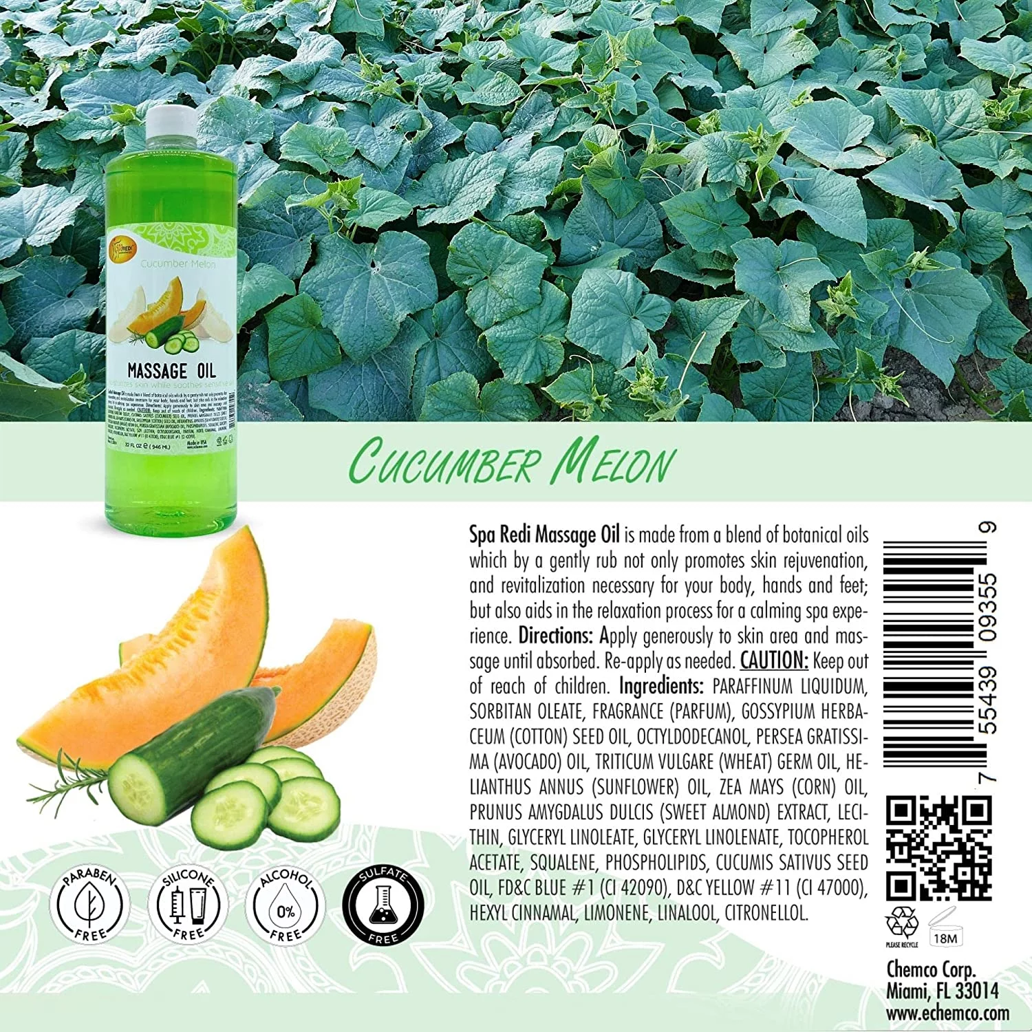 SPA REDI - Massage Oil, Cucumber Melon, 32 Oz - Professional Full Body Massage Therapy, Manicure, Pedicure - Relax Sore Muscles and Repair Dry Skin, Enhanced with High Absorption Oils and Vitamin E