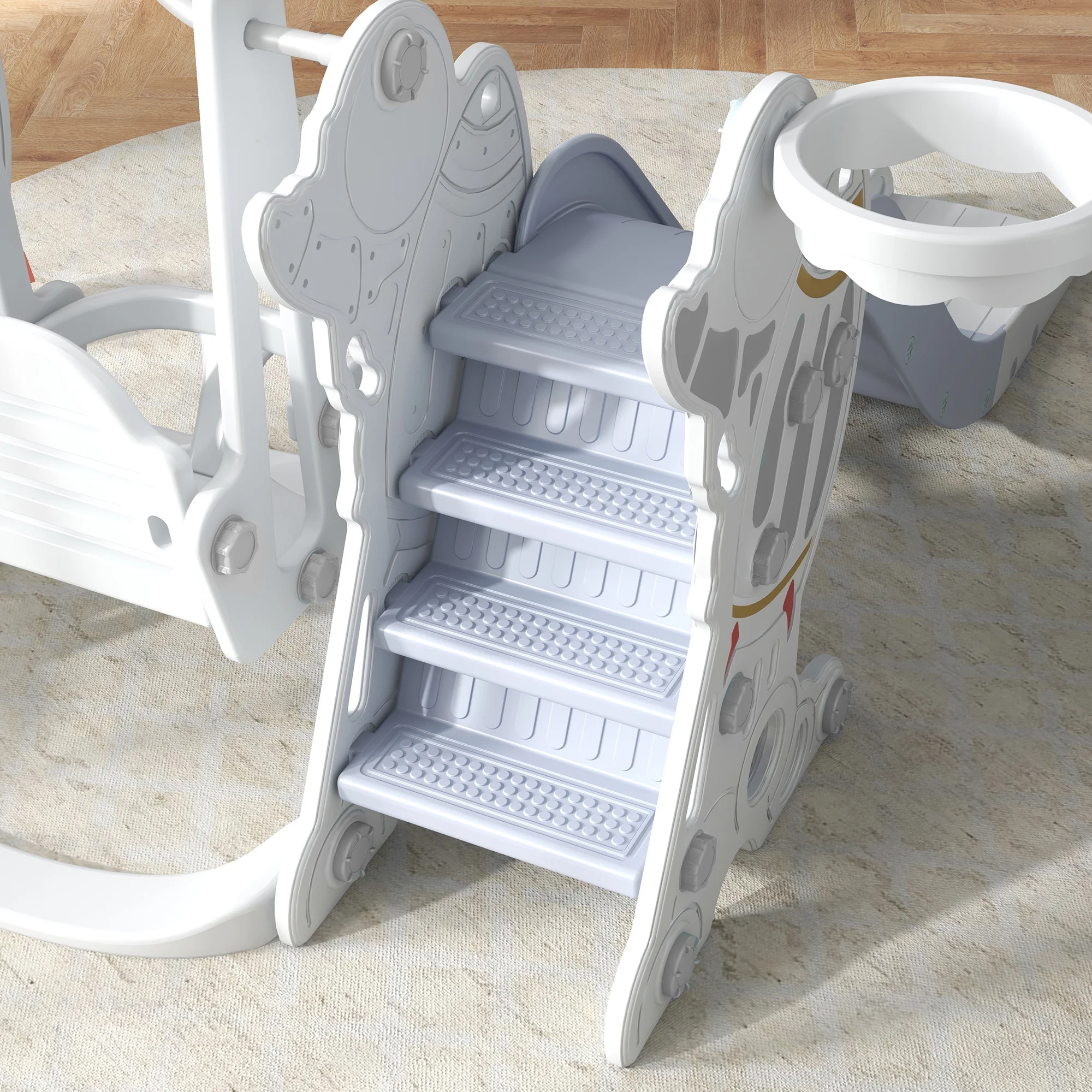 Qaba Toddler Swing and Slide Set with Basketball Hoop, Space Theme, Gray