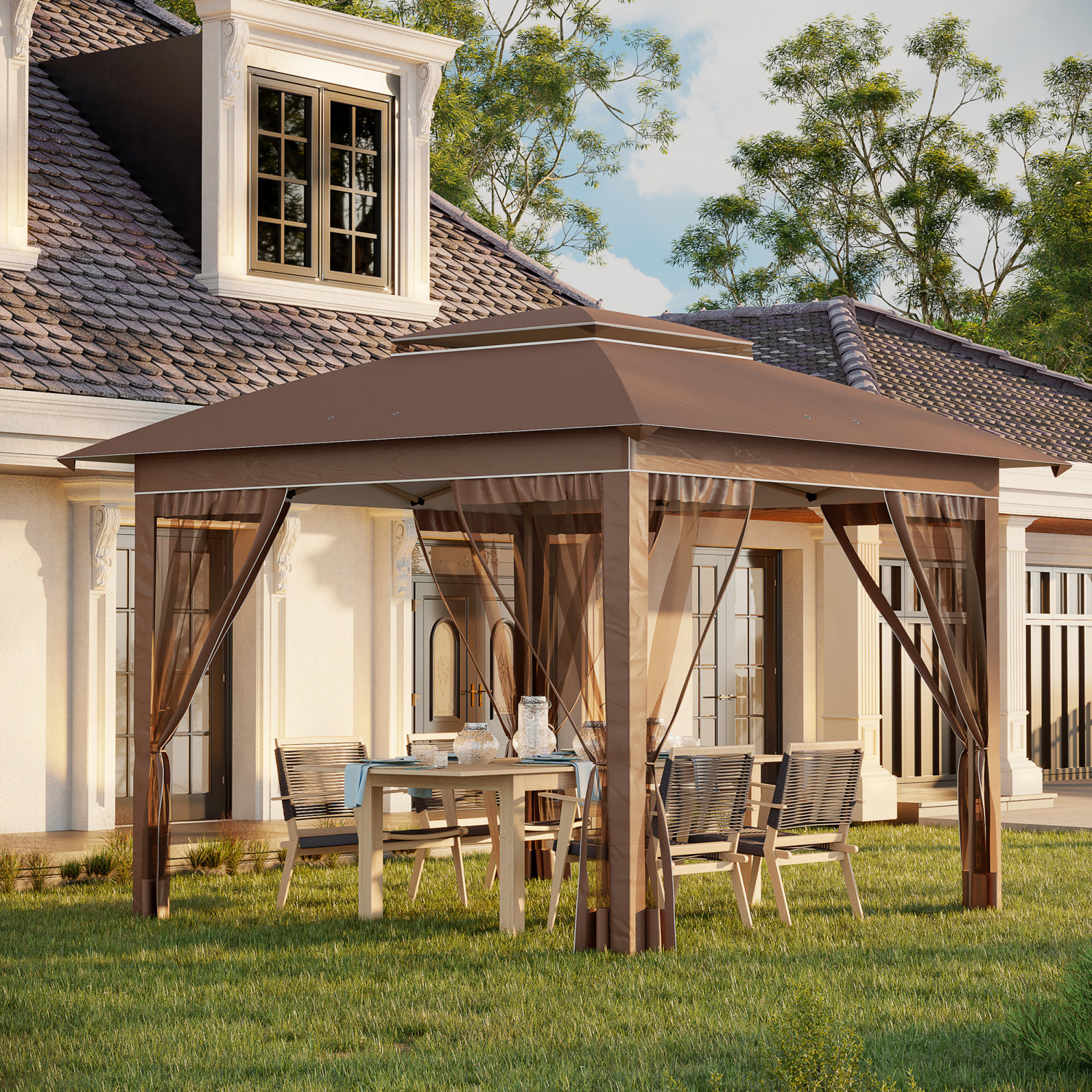 ZJbiubiuHome 12‘ x 12‘ Pop Up Canopy Tent with Netting and Carry Bag  Instant Sun Shelter with 137 sq.ft Shade  Tents for Parties  Height Adjustable  for Outdoor  Garden  Patio  Khaki