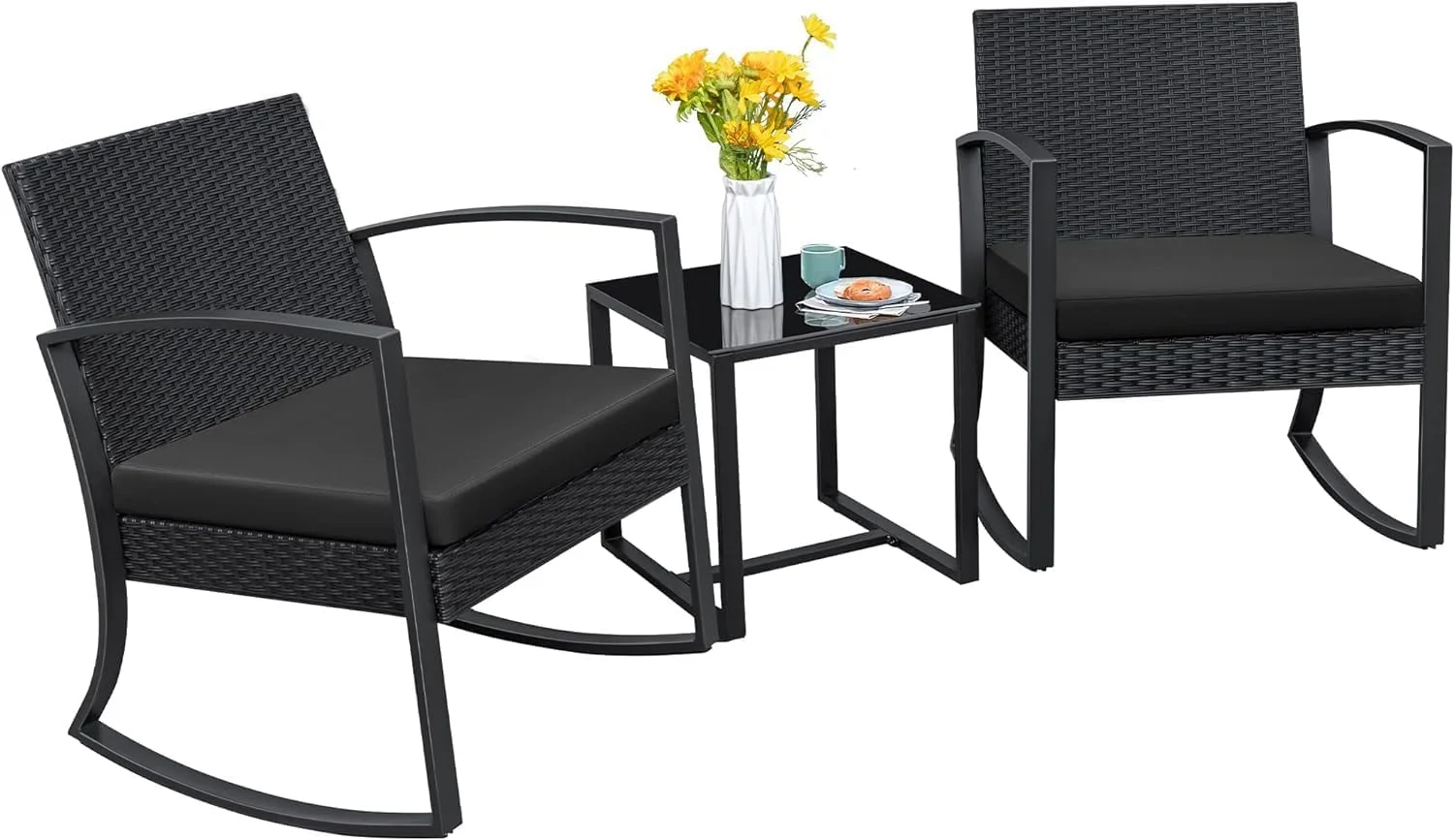 U-SHARE  Patio Furniture Set 3 Piece Resin Outdoor Bistro Set Rocking Patio Chairs with Cushions and Table for Porch, Poolside, Balcony and Yard (Black)