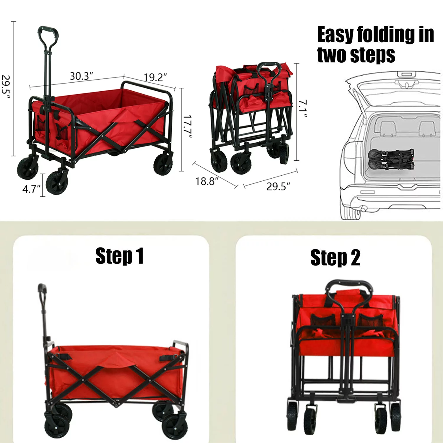 Collapsible Folding Wagon Cart Large Capacity Camping Cart Outdoor Beach Wagon with Universal Wheels and Adjustable Handle, Red