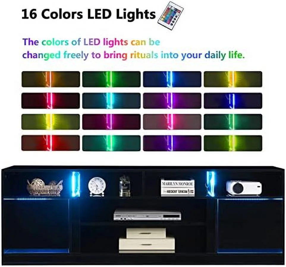 CKPFVY LED TV Stand for 80" TV  Game Console Entertainment Center with  Shelves and Media Layers  Modern TV Stand with LED Lights 16 Colors and High Gloss Cabinets for Living Room Bed