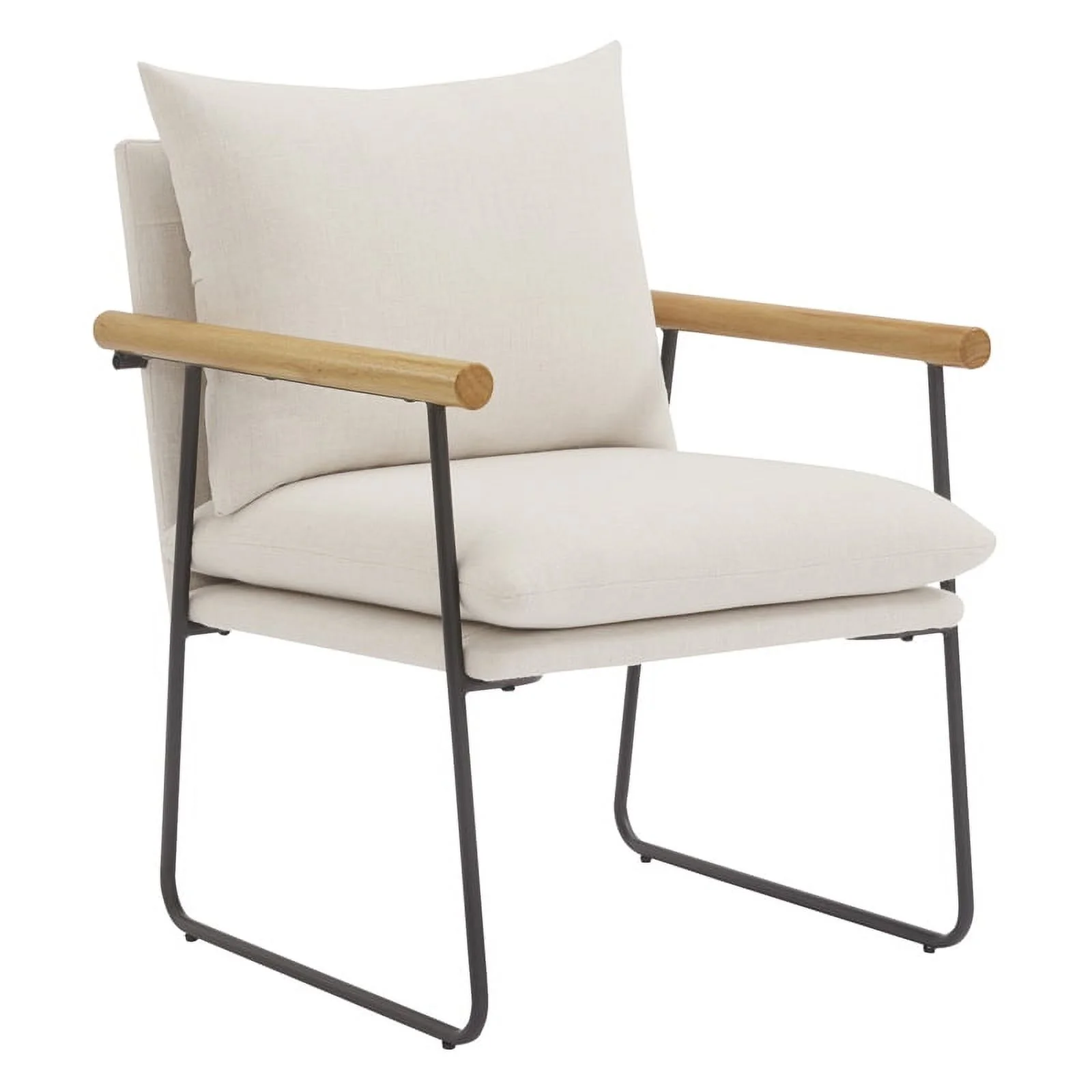 Dutton Armchair in Ivory Fabric with Natural Arms and Black Sled Base