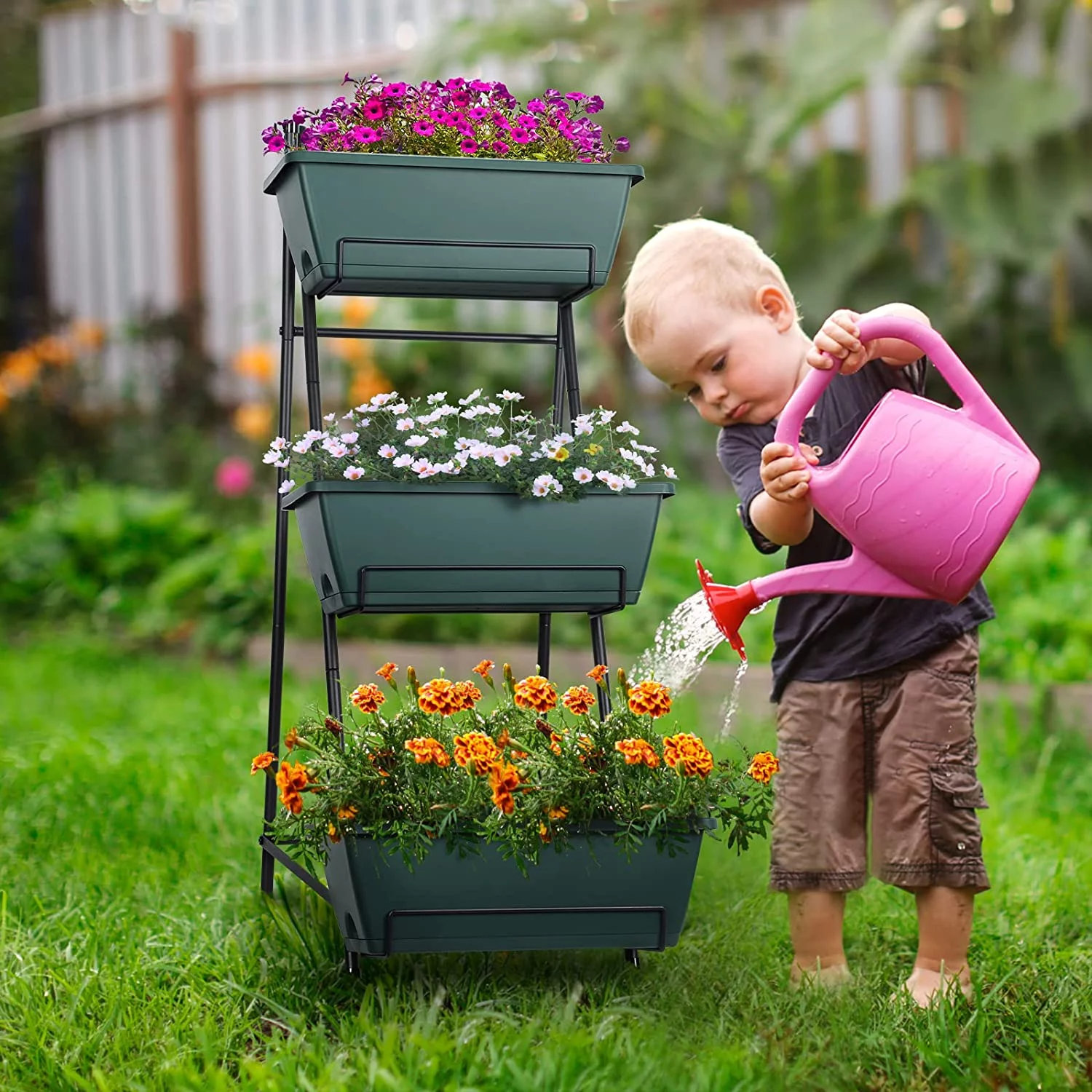 3-Tiers Plastic Planter Box Freestanding Garden Planter, Green