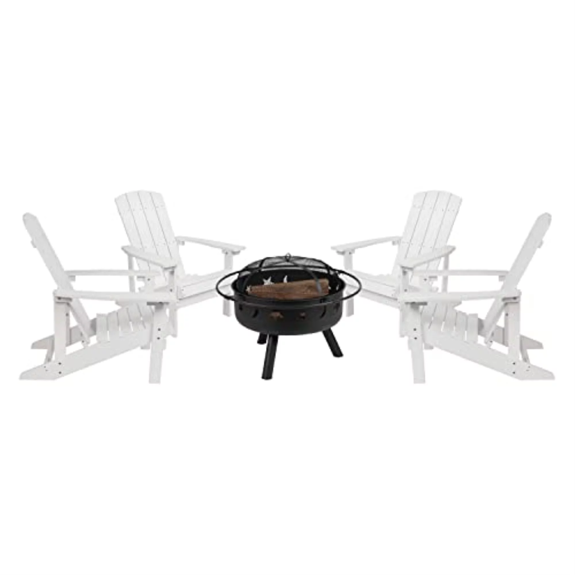Flash Furniture Charlestown 5 Pcs Iron Wood Burning Fire Pit Set With Adirondack Chairs, White