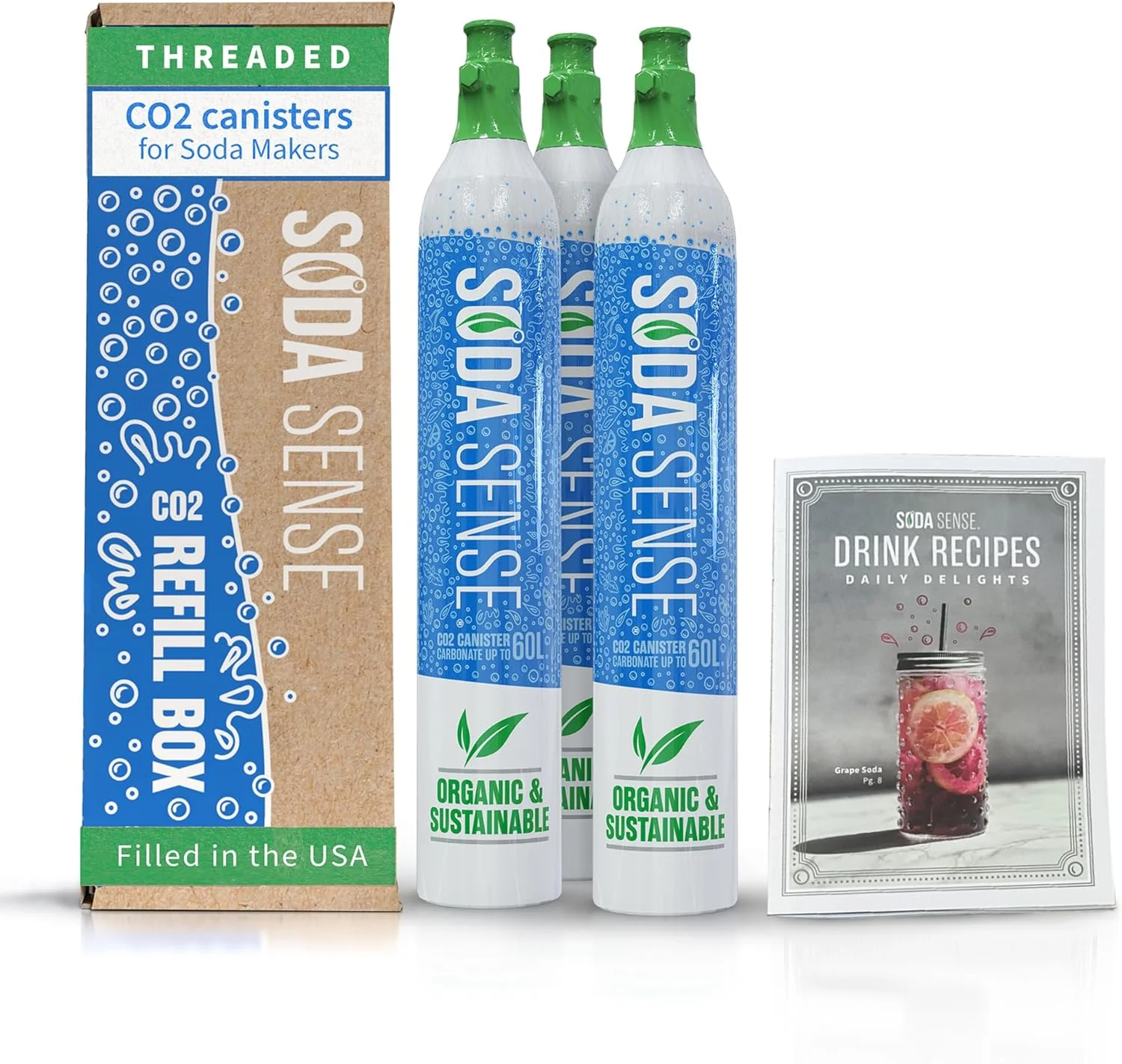 60L Threaded CO2 3 Canister & Recipe Book Refill Bundle, Compatible w/All Threaded 'Screw-In' Soda Makers Including SodaStream [Excludes ART, TERRA & DUO]