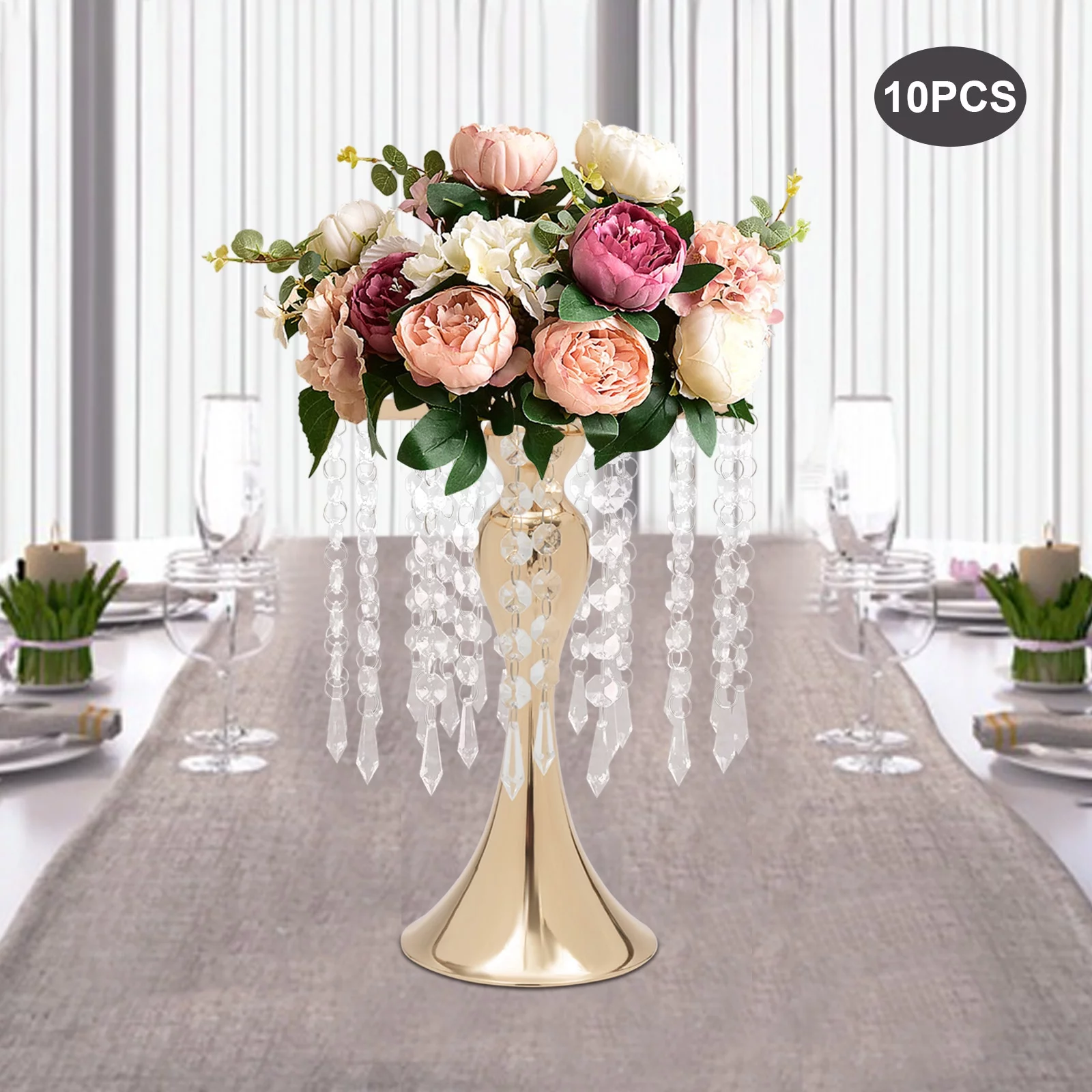 YIYIBYUS 10Pcs Metal Flower Vases Wedding Centerpieces Flower Stand Holder for Tables Decorations (10.2 Inch , Gold)