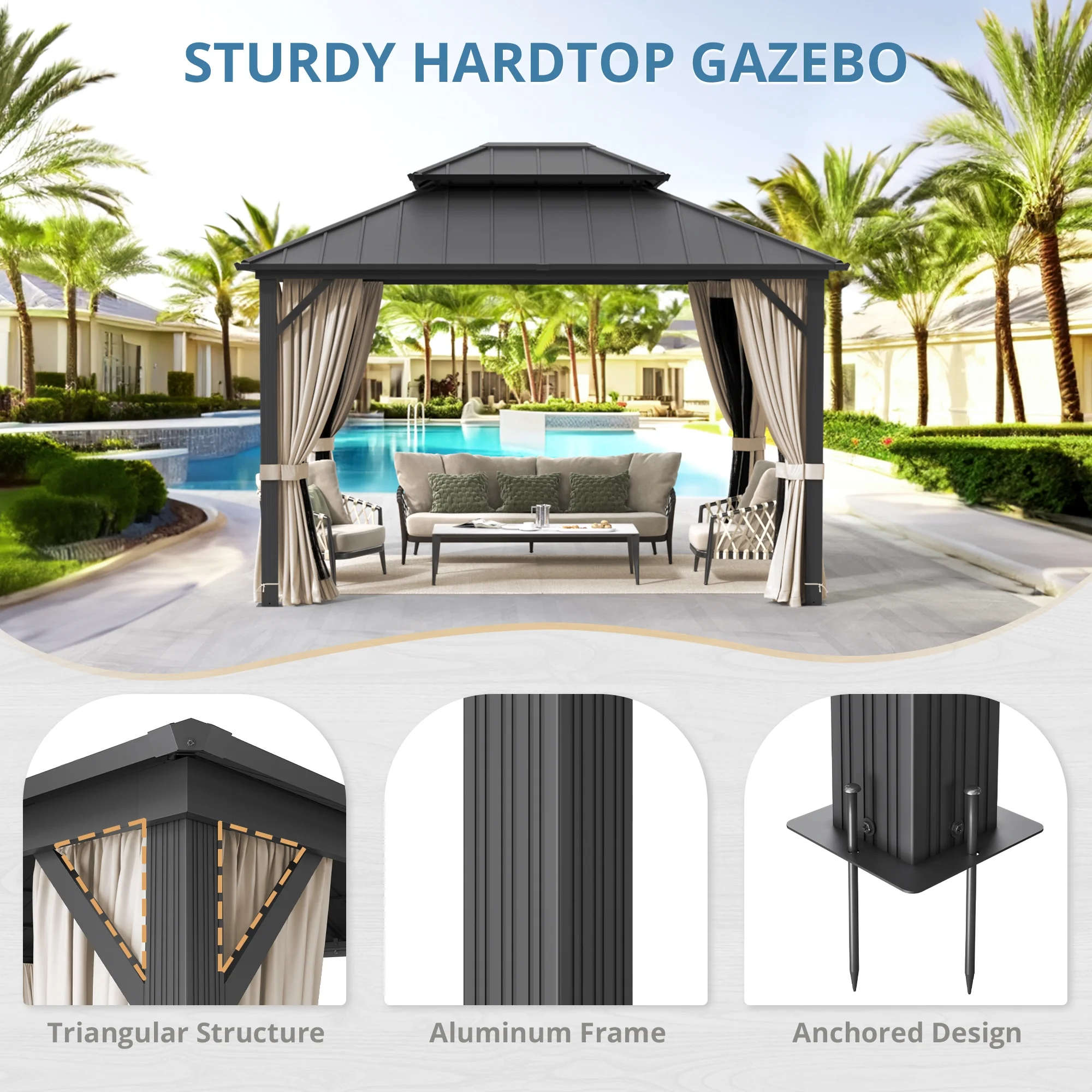 Dycanpo Hardtop Gazebo with Nettings Curtains, Galvanized Steel Double Roof Pergola,10'x12',Black