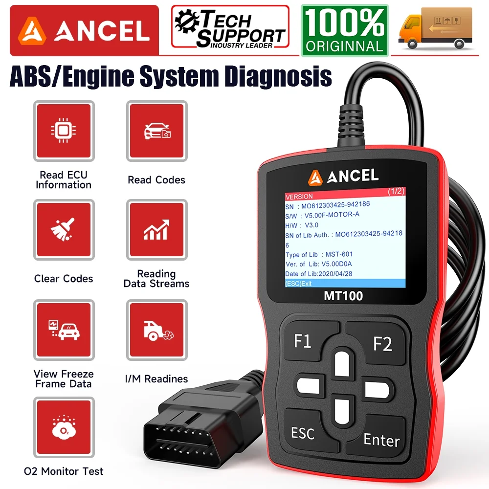 ANCEL MT100 Motorcycle Diagnostic Scan Tool Code Reader ABS Engine Code Scanner Motorbike Scanner Full OBDII Functions Turn off Fault Indicator Light Read Clear Code Live Data OBD2 Scanner Free Update