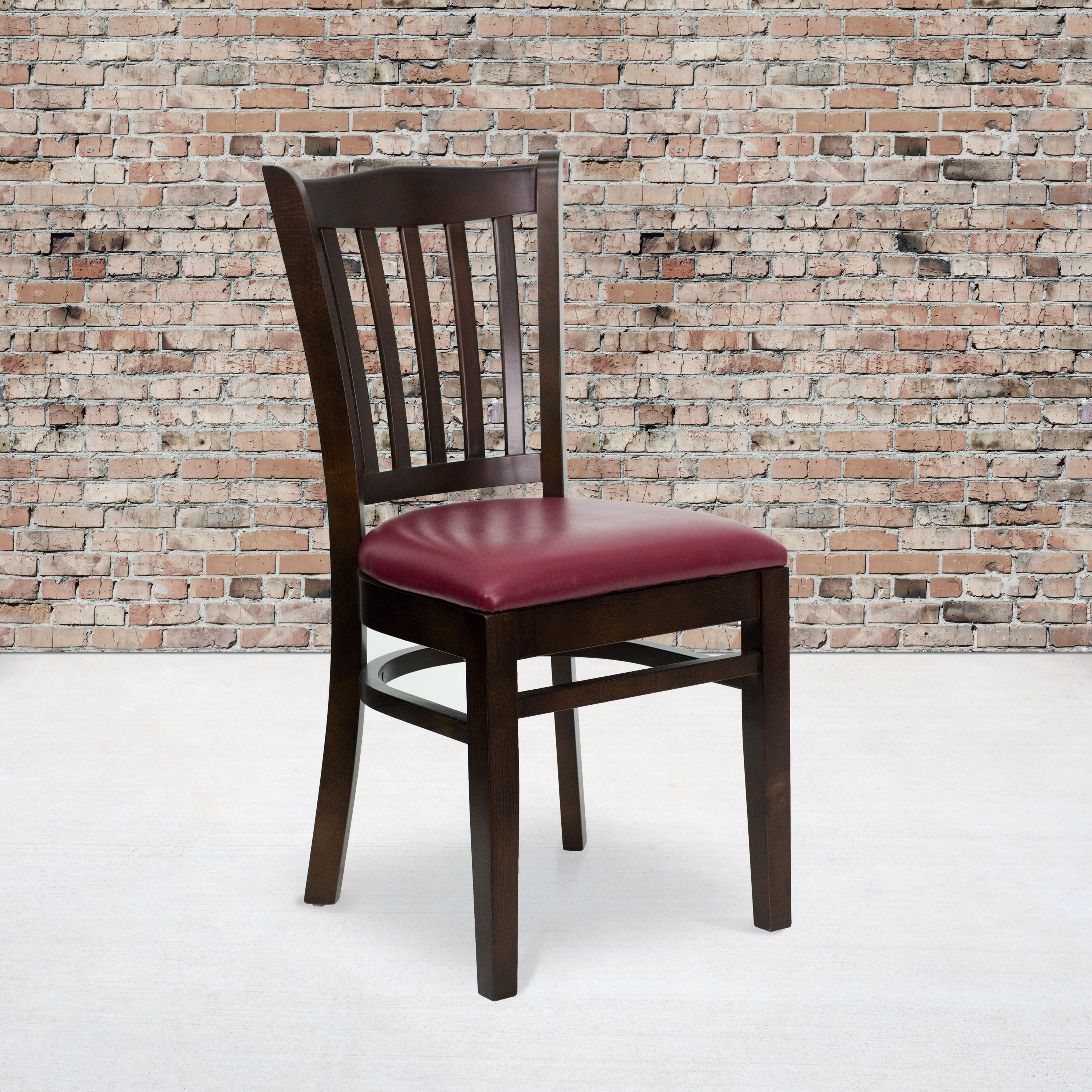 Emma + Oliver Vertical Slat Back Walnut Wood Chair, Burgundy Vinyl Seat