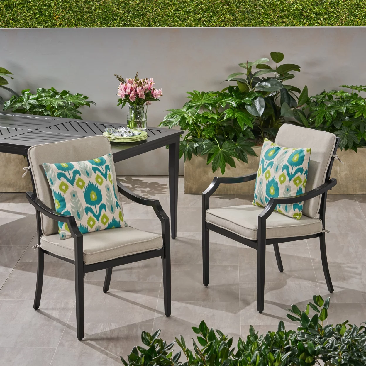 GDF Studio Belle Diego Outdoor Aluminum Dining Chairs with Cushions (Set of 2), Matte Black and Light Beige