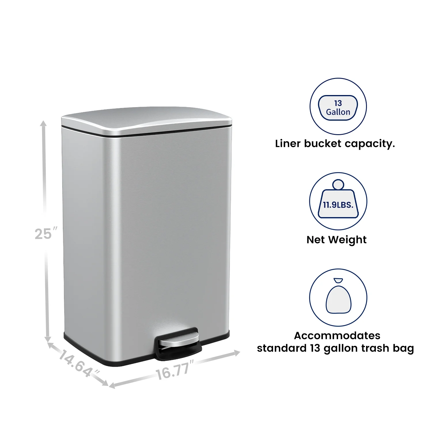 Innovaze 13.2 Gallon Trash Can, Stainless Steel Step On Kitchen Garbage Can, Silver