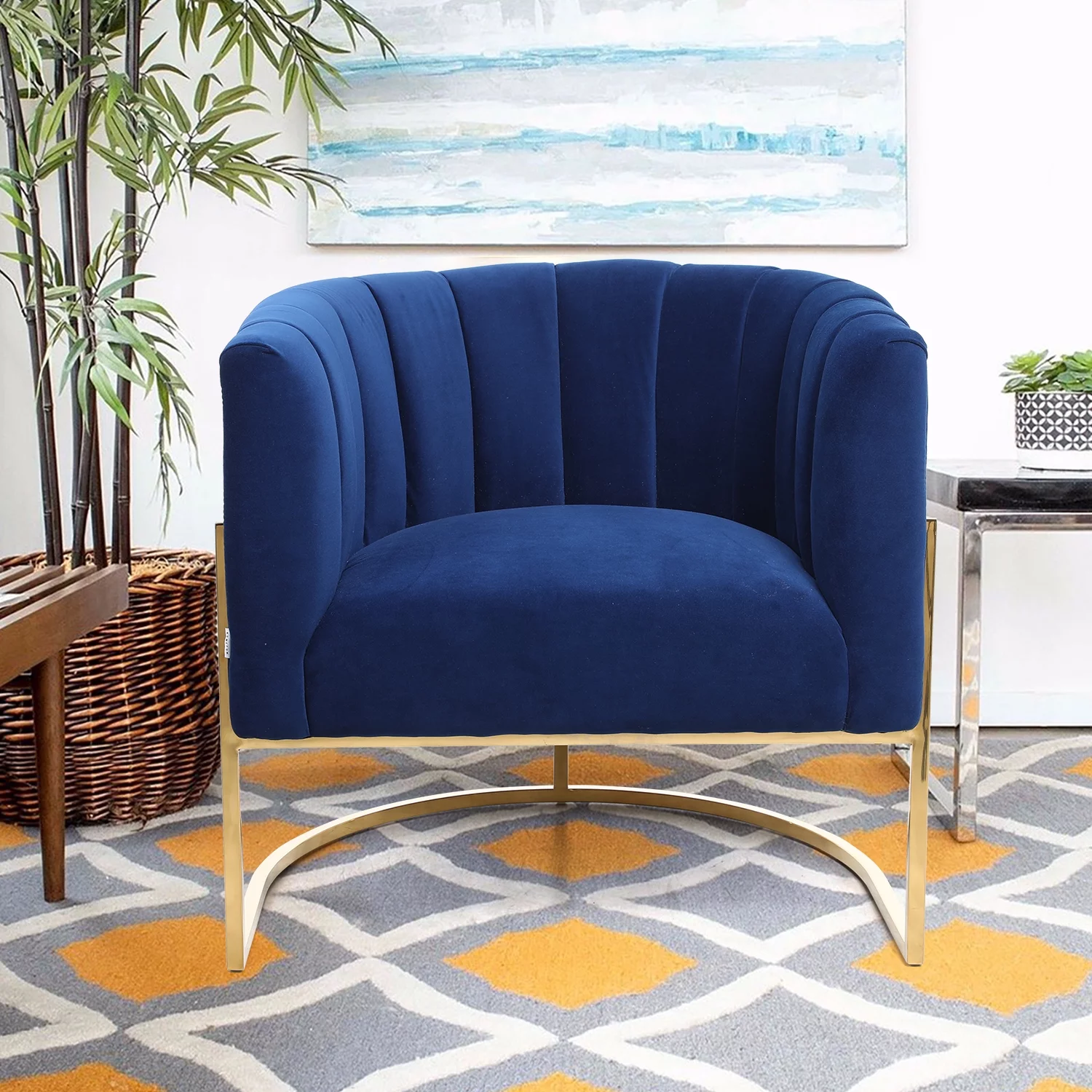Modern Velvet Upholstered Barrel Chair with U-Shaped Gold Base