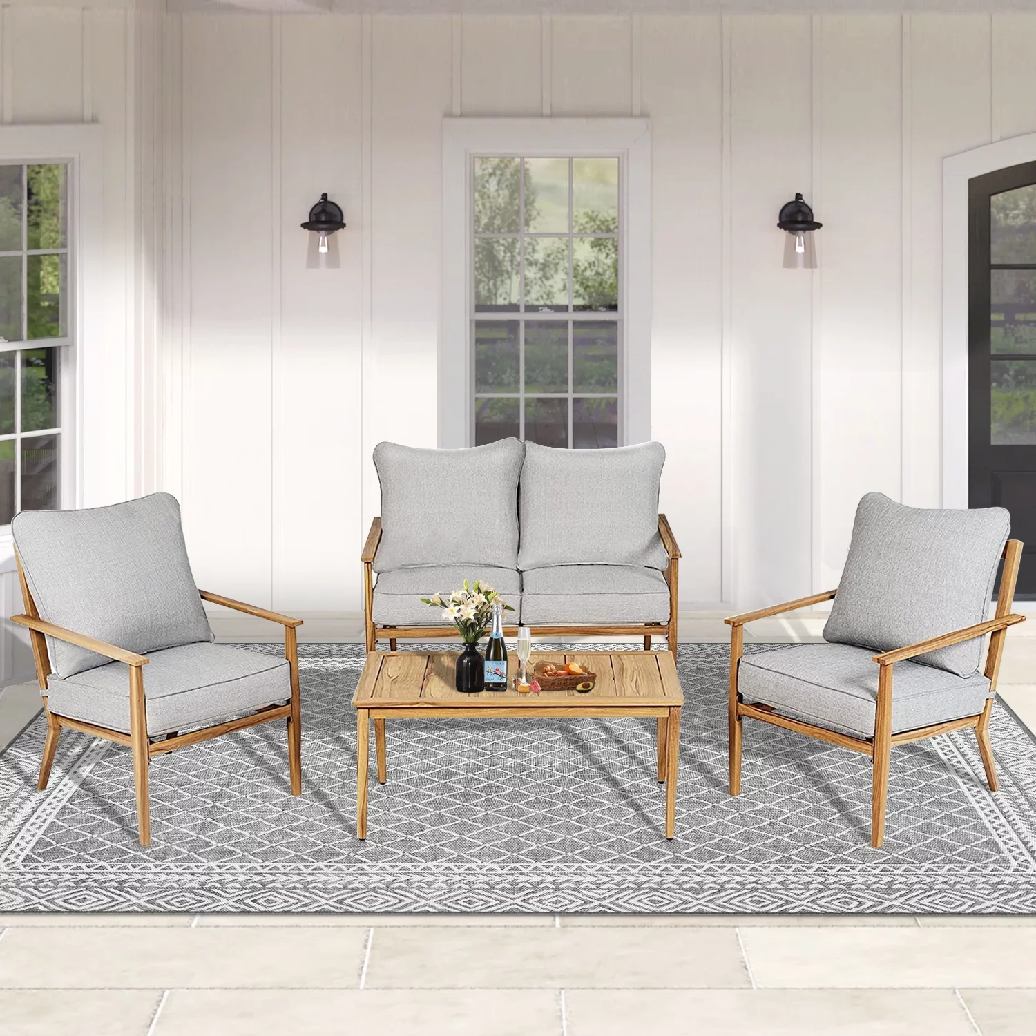 SUNCROWN 4 Piece Patio Furniture Set Outdoor Conversation Set Imitation Wood Metal Chair, Gray