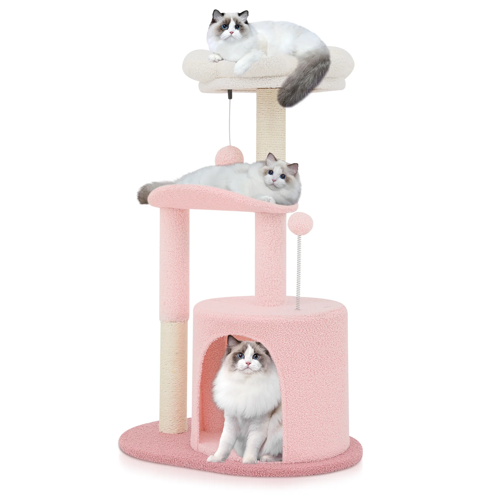 MoNiBloom Cat Tree Pink Condo with White Scratching Posts, Curced Platform, white flower Top Perch and Cat Cave, 33 inch