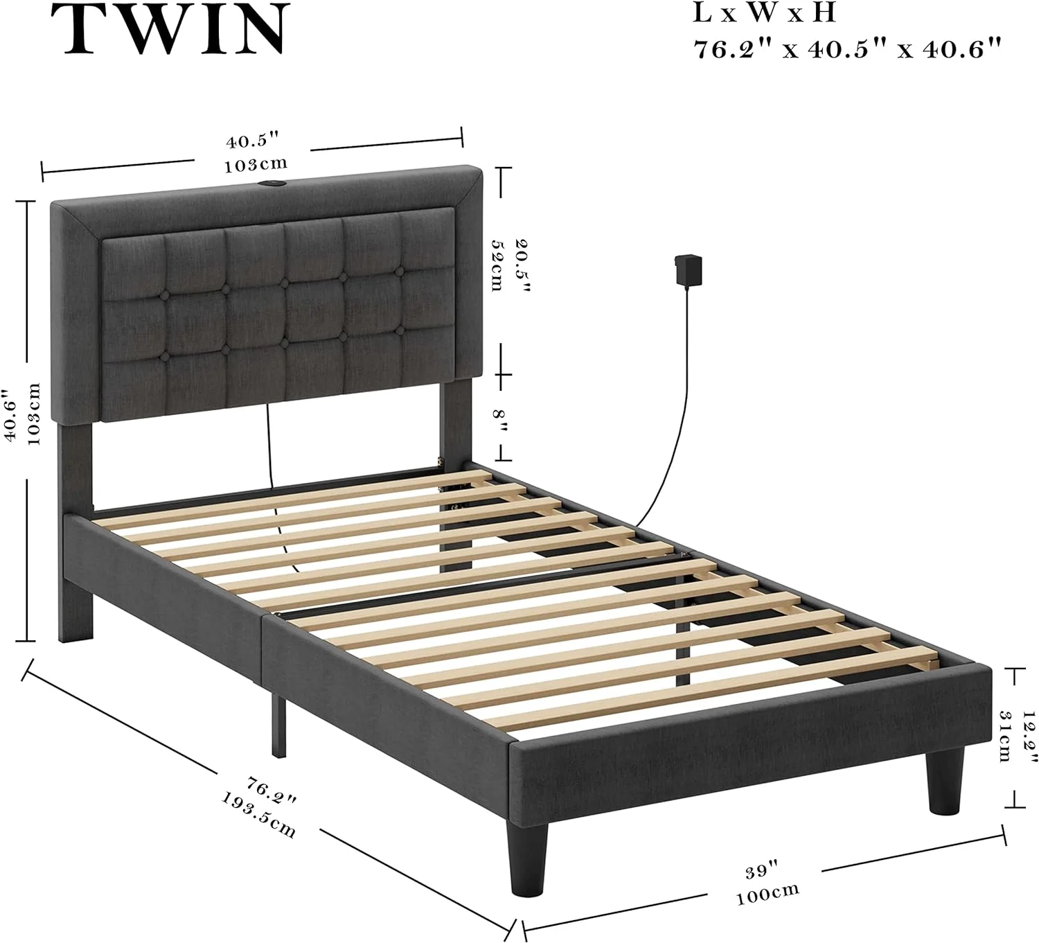 Twin Bed Frame with USB Ports, Platform Bed with Height Adjustable Upholstered Headboard, Heavy Duty Steel Support Legs, Easy Assembly, No Box Spring Needed, Grey