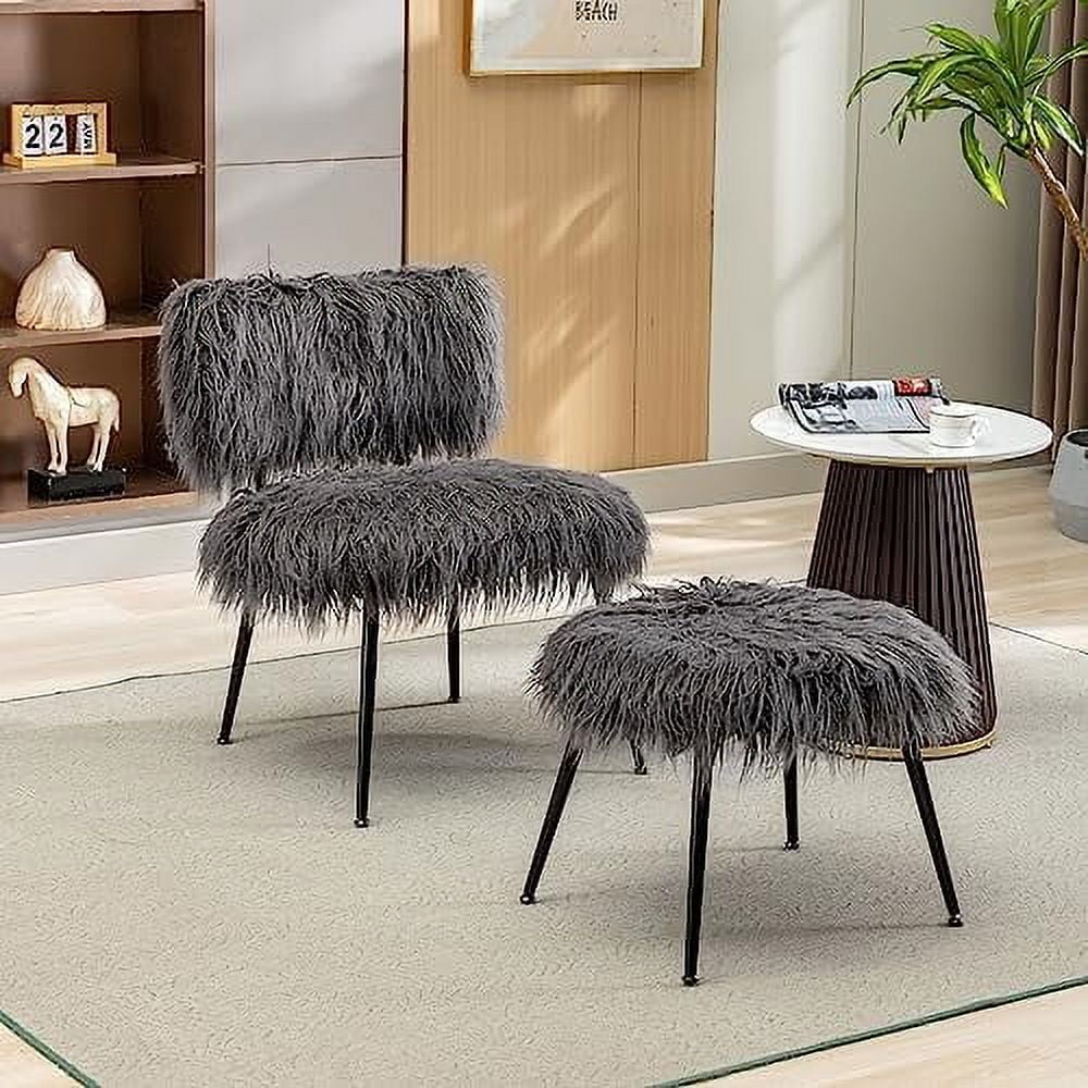 SQHJV Accent Chair with Ottoman Fluffy Upholstered Armless Chair with Footrest and Metal Legs Faux Fur Plush Accent Chair Comfy Mid Century Living Room Chair for Living Room  Bedroom  Ivo
