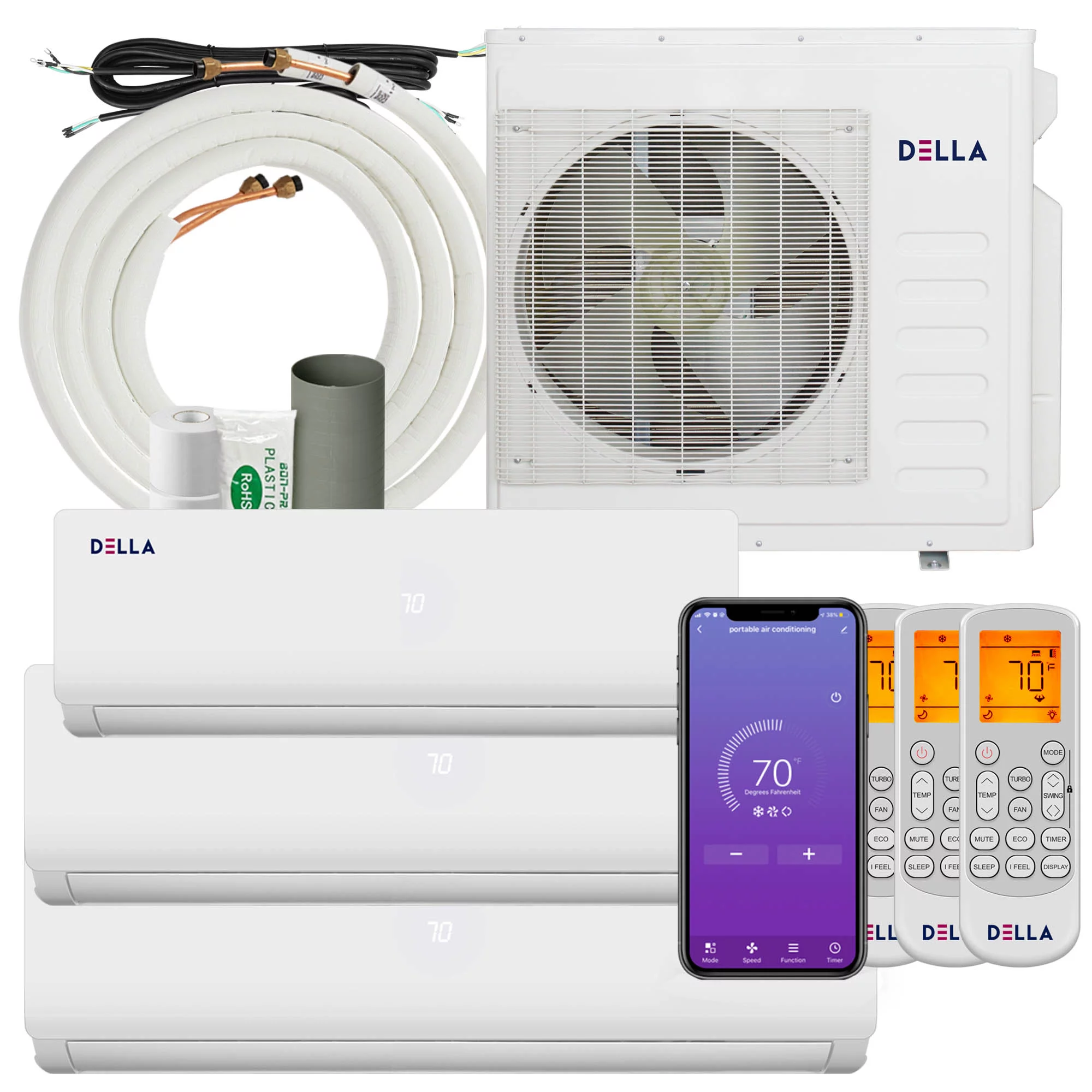 Della 36K BTU ODU Tri 3 Zone 12K 18K 18K BTU 20 SEER 208/230V Cools Up to 2550 Sq.Ft Wifi Energy Efficient Multi Zone Ductless Mini Split Air Conditioner Heat Pump Full Set with 16ft Installation Kits