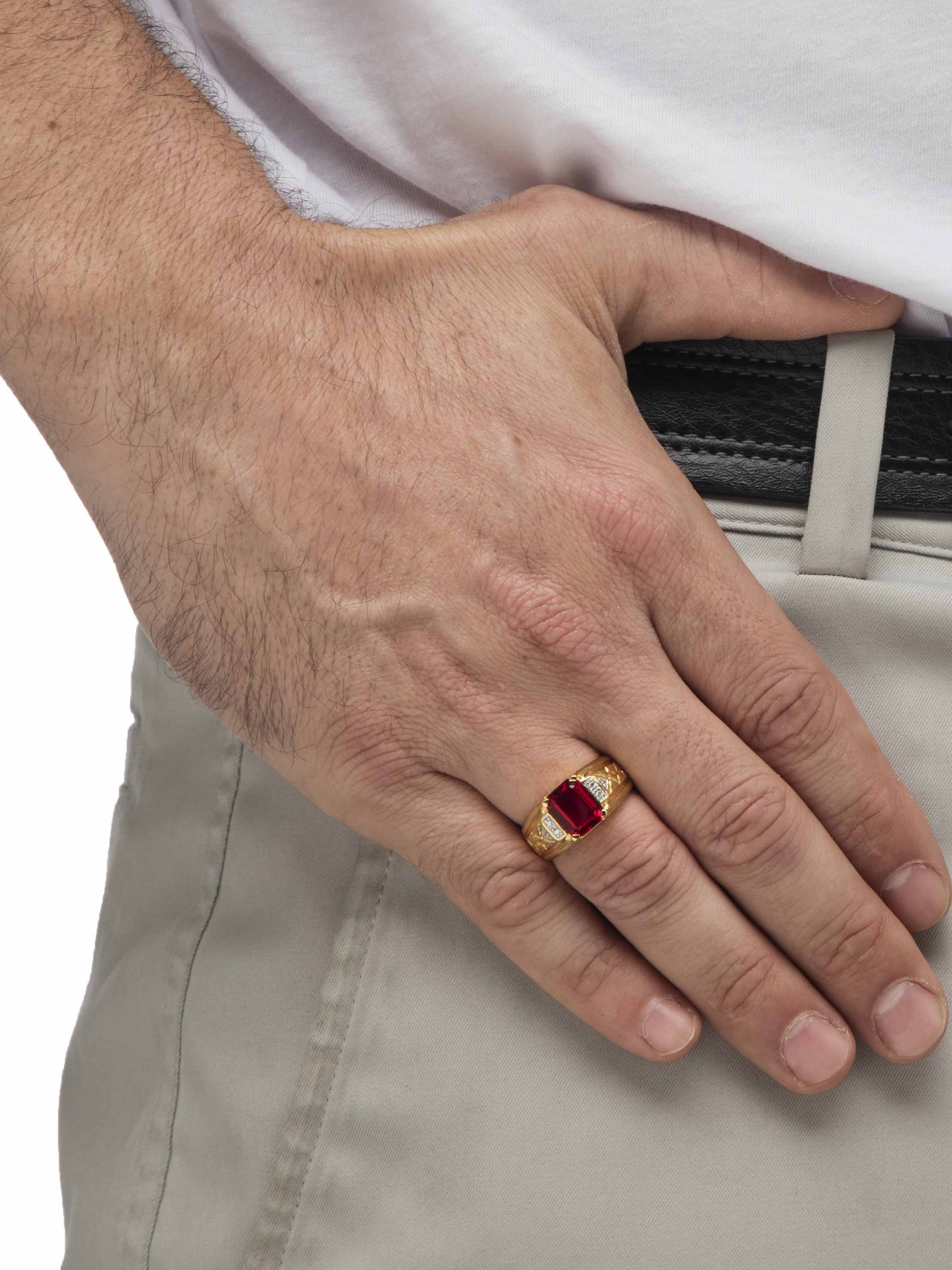 PalmBeach Jewelry Men's 3.55 TCW Emerald-Cut Faceted Genuine Red Garnet and Diamond Accent Etched Ring 18k Gold-Plated