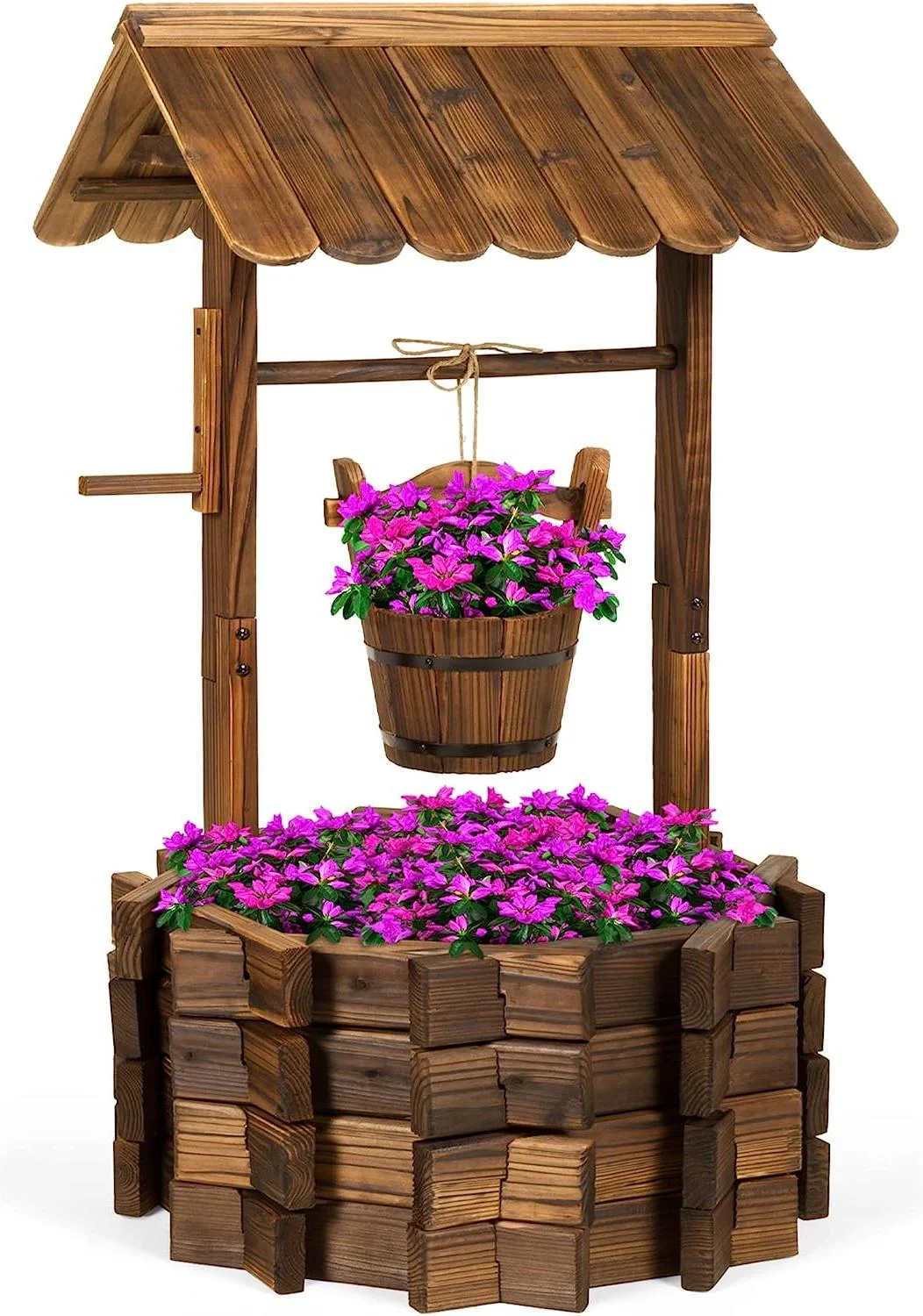 Rustic Wooden Wishing Well Planter Outdoor Home Decor for Patio, Garden, Yard with Hanging Bucket