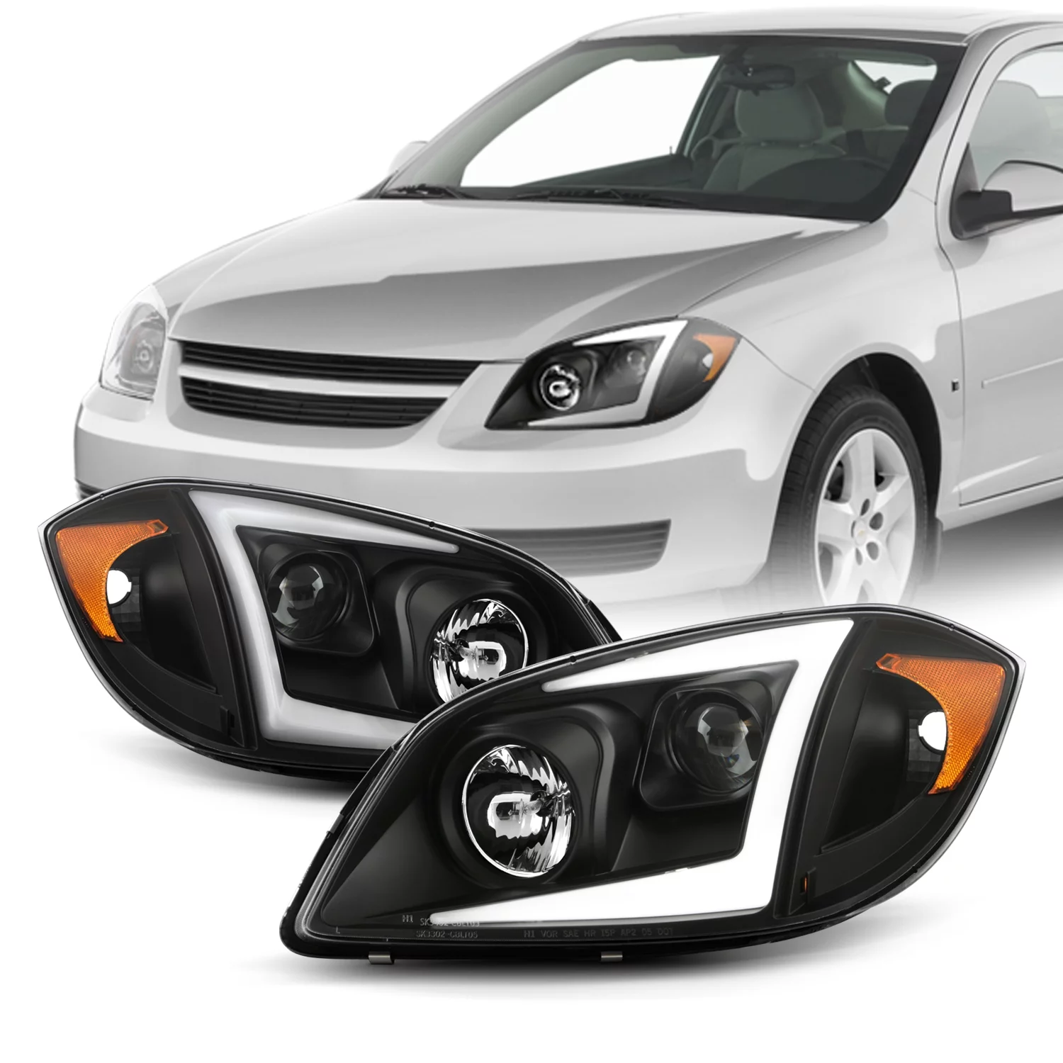 AKKON - Fits 2005-2010 Chevy Cobalt 2007-2010 Pontiac G5 05-06 Pursuit  LED [C-Tube] Projector Black Headlights Pair Left+Right