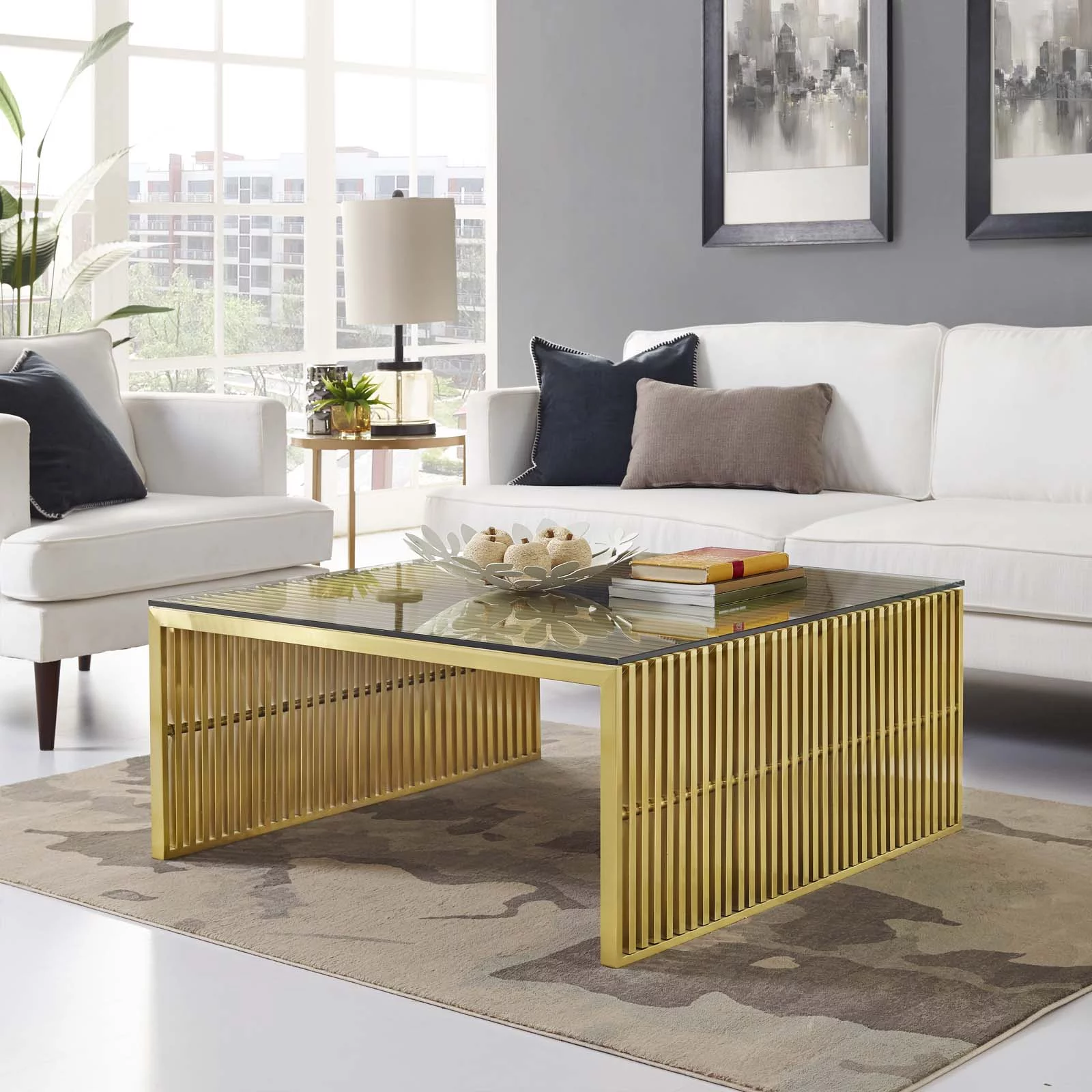 Modway Gridiron Stainless Steel Coffee Table in Gold