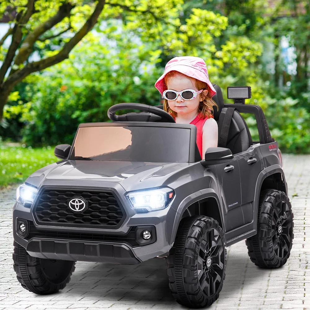 12V Toyota Tacoma Ride On Car with Remote Control Battery Powered Ride on Toy with USB, AUX, MP3, FM Function and LED Light Kids Electric Vehicle for Boys Girls 3-5 Ages, Gray