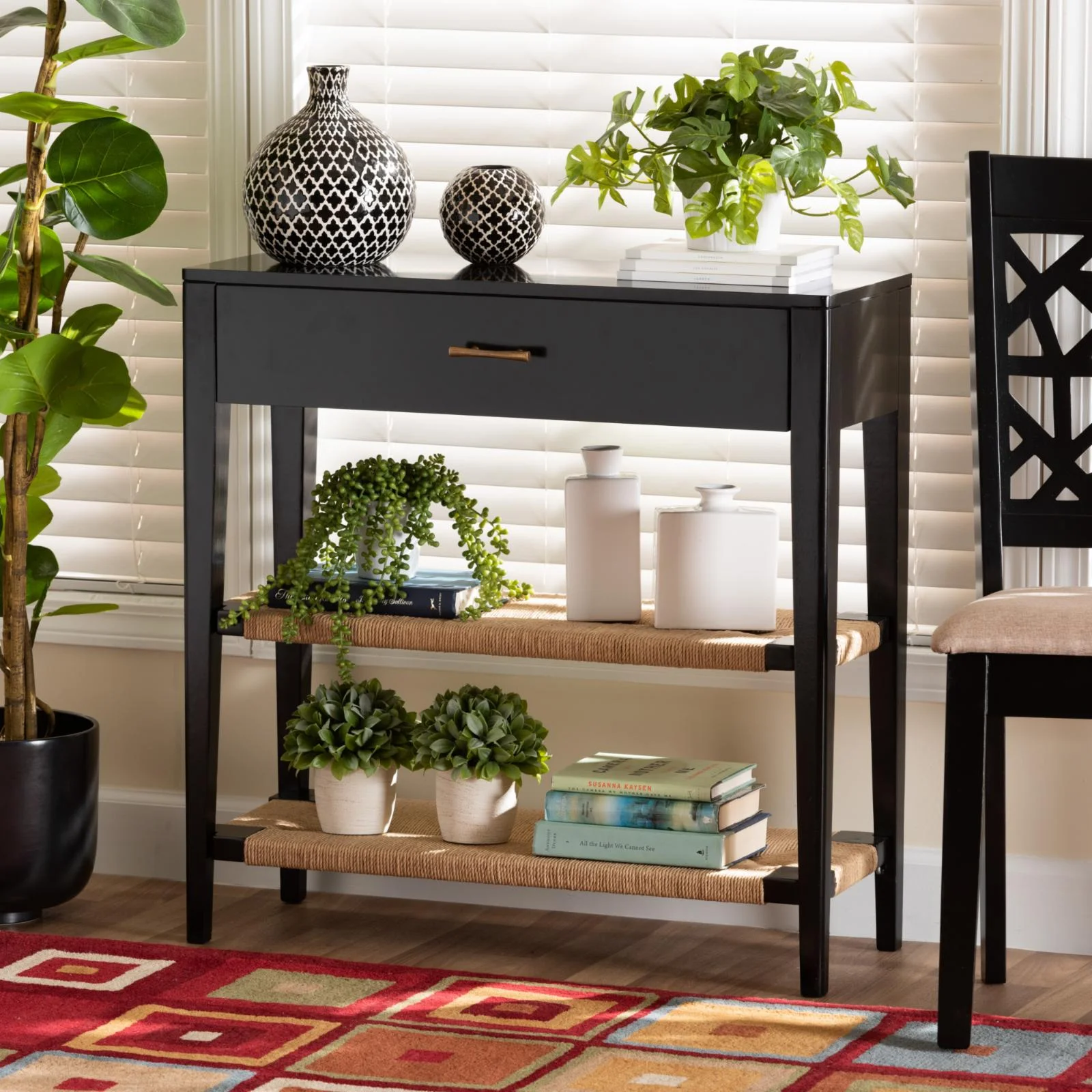 Baxton Studio Freya Black Finished Bayur Wood 1-Drawer Console Table