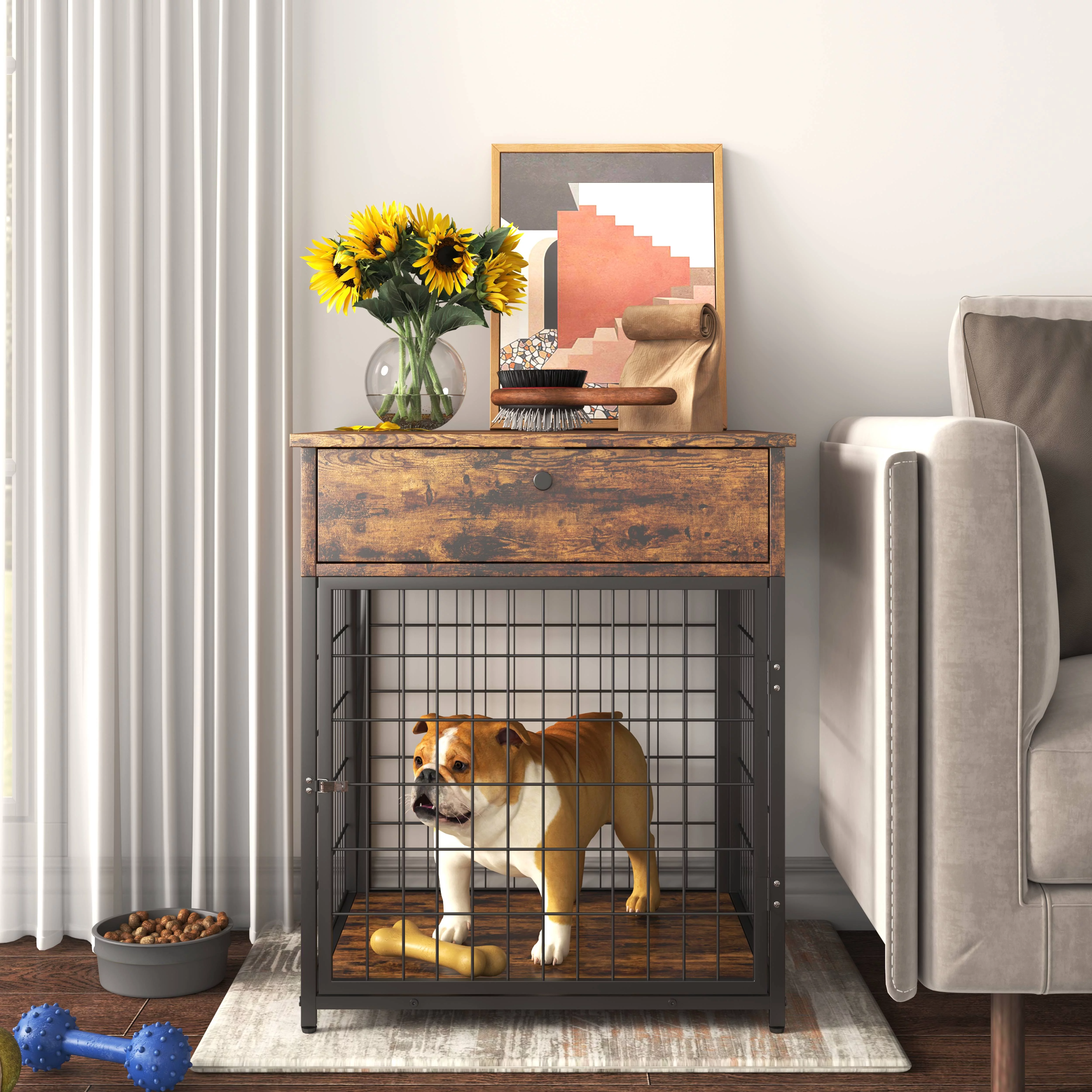 Seizeen 2-In-1 Dog Cage & End Table, Dog Crate Furniture End Table with Drawer, 20’’L Dog Cage for Small Dogs, Brown Wooden Dog Crate Kennel