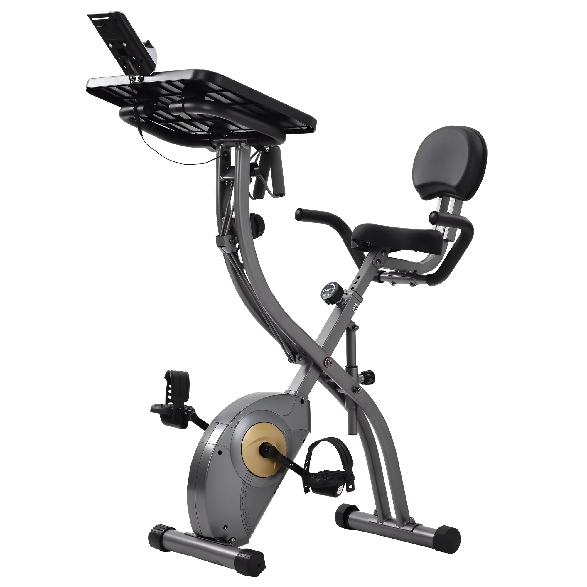 Merax 3 in 1 Exercise Bikes Folding Magnetic Upright Fitness Cycle with Desktop, Arm Resistance Bands and Extra-large Adjustable Seat