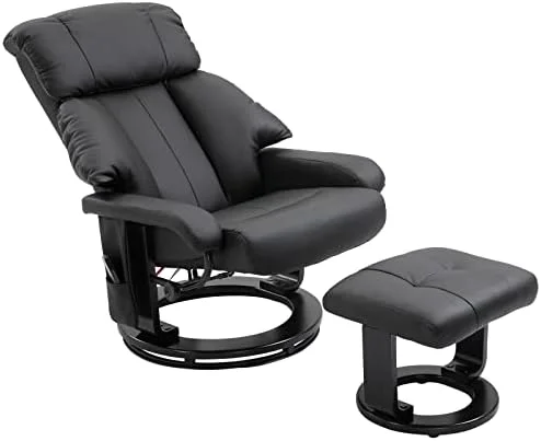 TJUNBOLIFE Recliner with Ottoman Footrest  Recliner Chair with Vibration Massage  Faux Leather and Swivel Wood Base for Living Room and Bedroom  Black