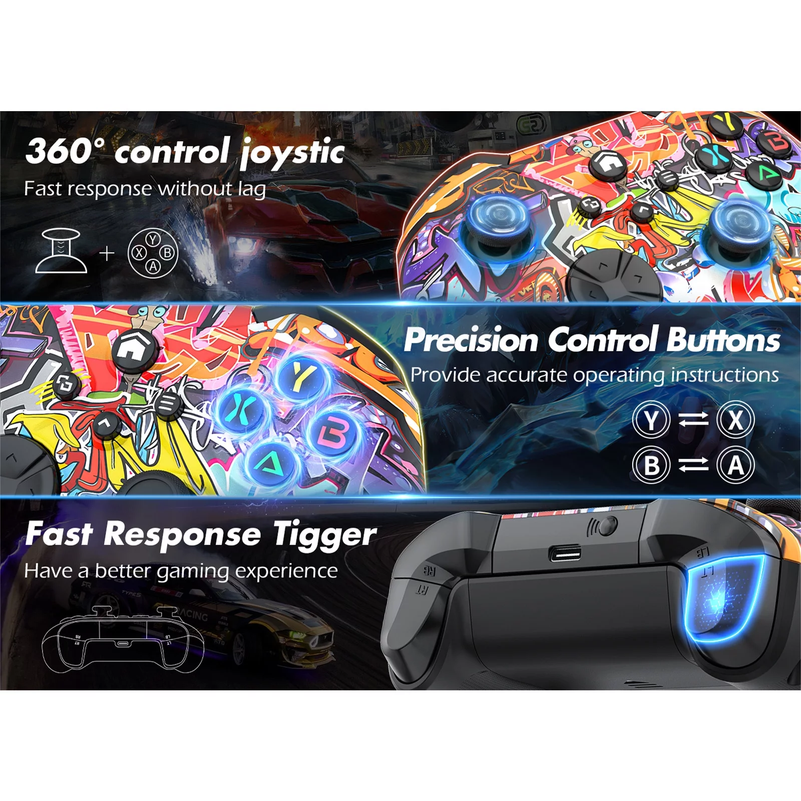 Bonadget 32Ft Wireless Xbox One Controller,Graffiti Custom Xbox Controller Built-in Dual Vibration and 3.5mm Audio Jack with TURBO Function - Compatible with Xbox One S/X/Xbox Series X/S/Window PC