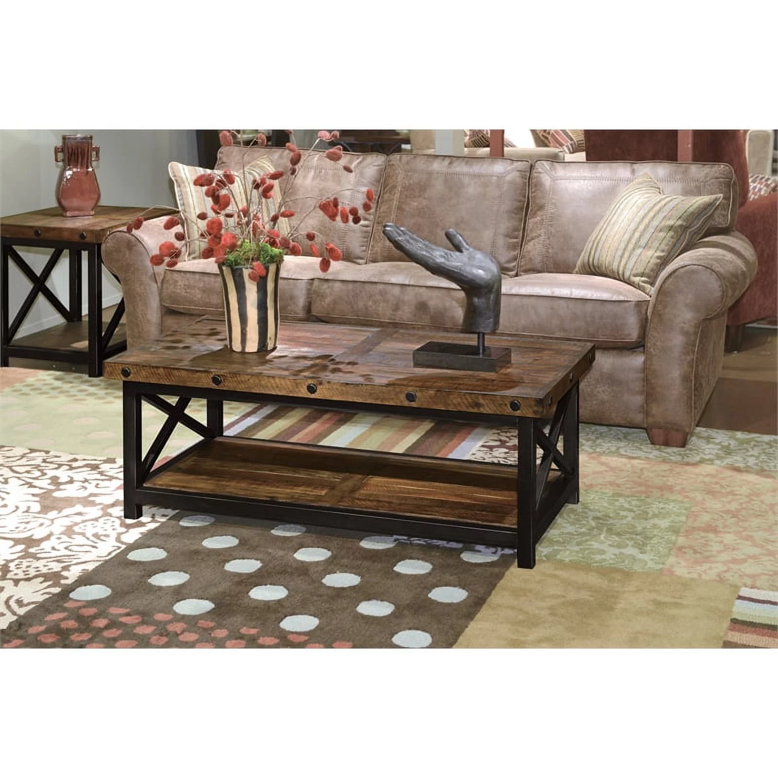 Portman Brown Rectangular Coffee Table with Metal Frame and Exposed Bolt Heads
