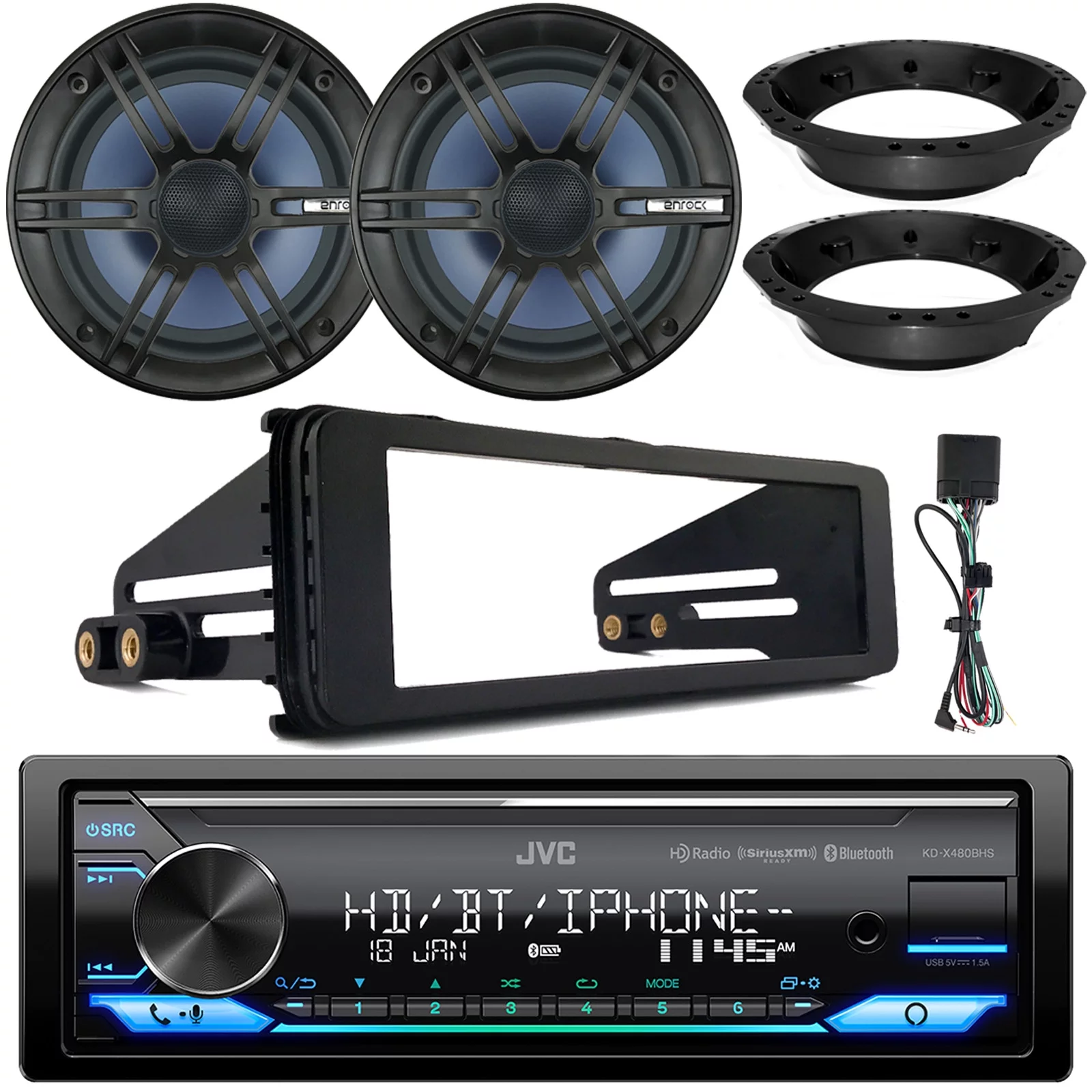 JVC KD-X480BHS Single DIN Bluetooth USB AUX LED AM/FM Radio Stereo SiriusXM Ready Amazon Alexa LED Car Audio Receiver, 2x Enrock 6.5