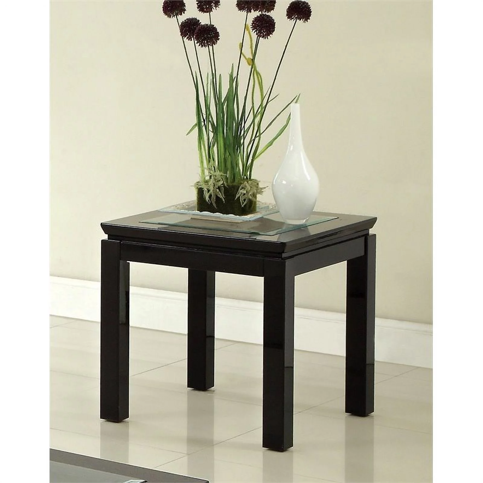Furniture of America Kristof Glass Top Square End Table in Glossy Black