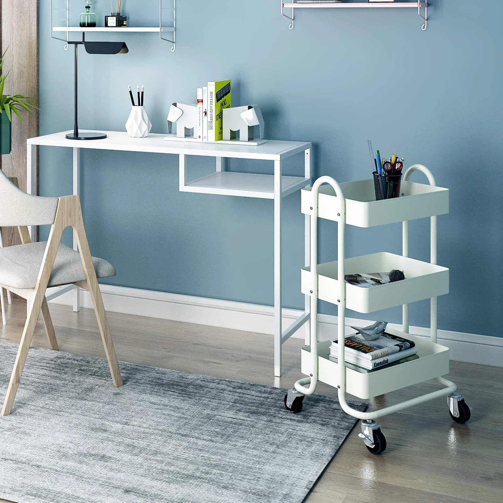 HONGGE 3 Tier Rolling Cart Metal Utility Carts with Wheels, White