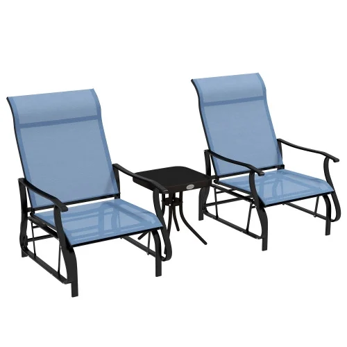 Buumin Outsunny 3-Piece Outdoor Gliders Set Bistro Set with Steel Frame, Tempered Glass Top Table for Patio, Garden, Backyard, Lawn, Light Blue