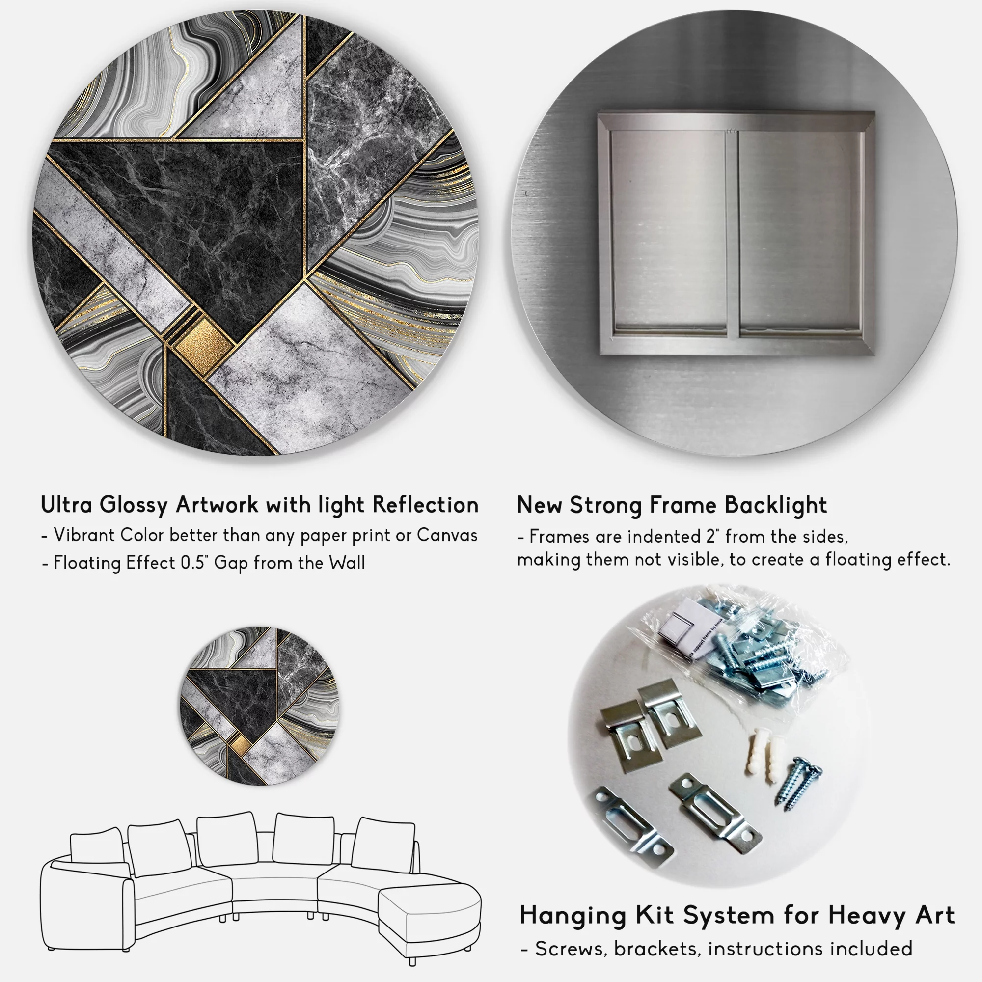 Designart 'Touches Of Gold With Marble Granite Agate' Modern Circle Metal Wall Art 36x36 - Disc of 36