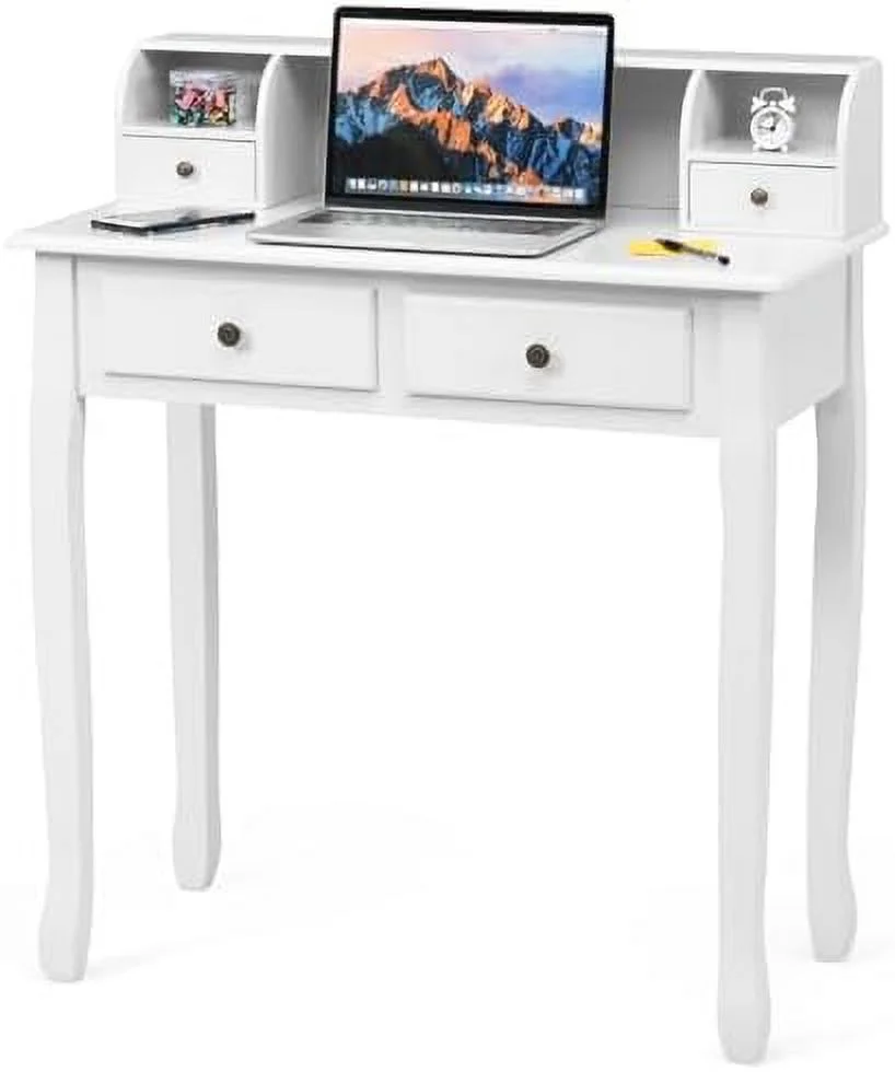 YPDCHB Small Writing Desk with Removable Hutch  2-Tier Vanity Table with 4 Drawers  3 Cubbies & Pine Wood Legs  Study Computer Desk for Bedroom Home Office (Black)