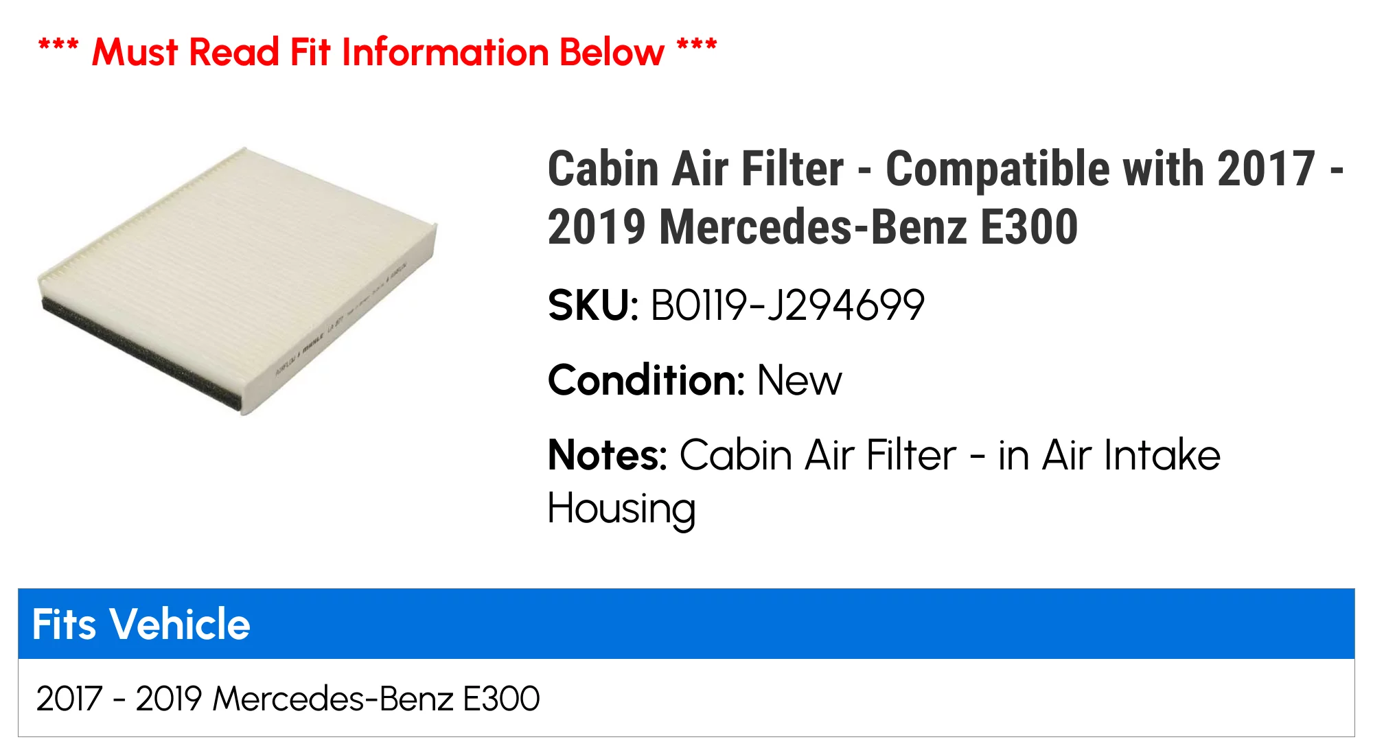 Cabin Air Filter - Compatible with 2017 - 2019 Mercedes-Benz E300 2018