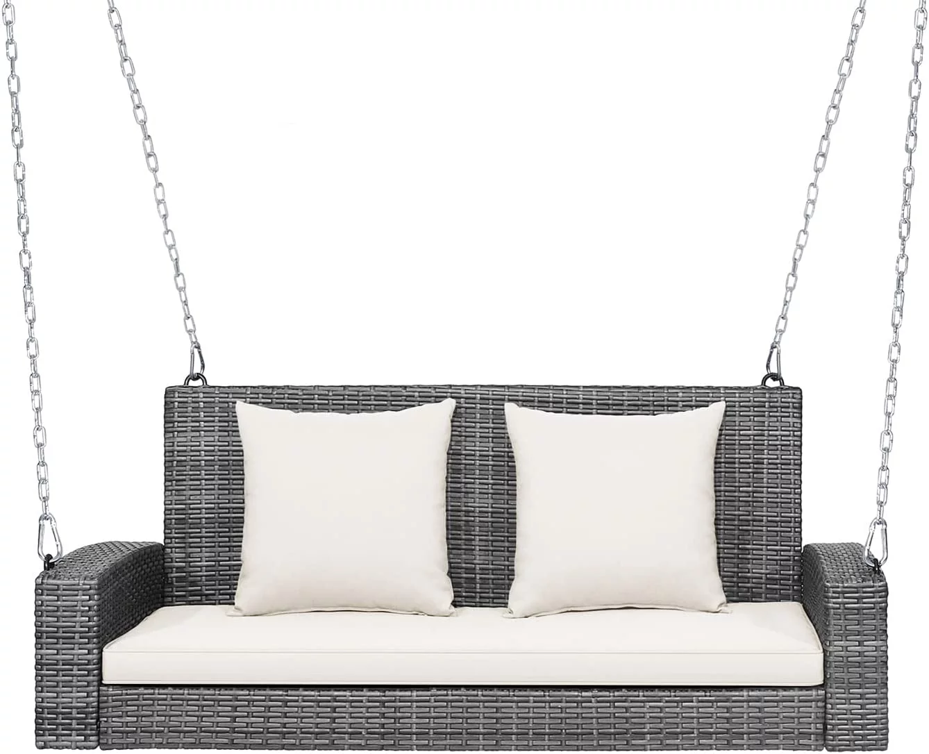 2-Person Porch Swing Bench - PE Rattan Outdoor Swing Chair with Comfortable Seat & Back Cushions, Rustproof Metal Chains, S Loveseat Swing for Balcony, Garden, Yard, 800 LBS (Off White)