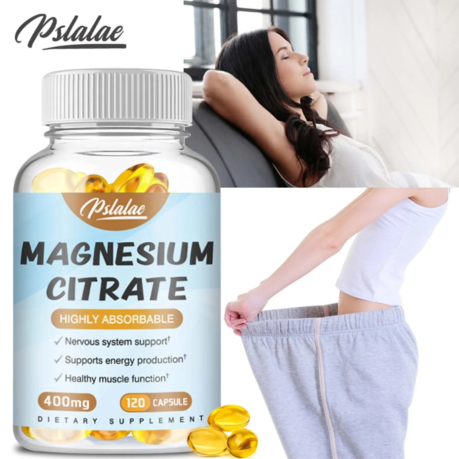 Pslalae Magnesium Citrate 400mg - Energy, Muscle, Bone Support, Relieve Leg Cramps (30/60/120pcs)