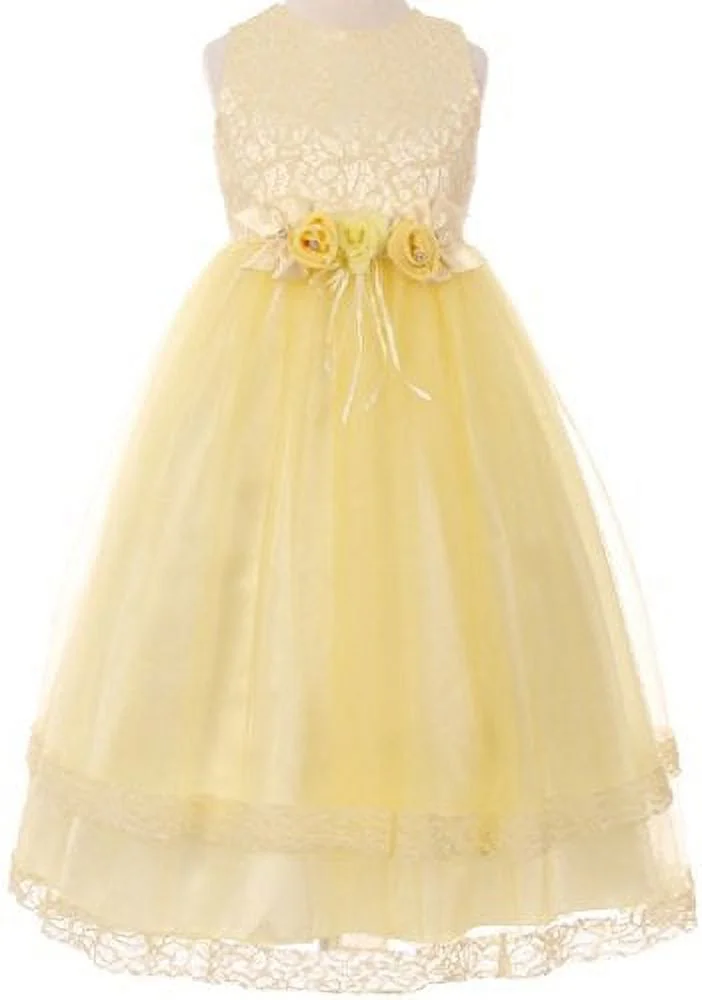 Big Girls' Sleeveless Dress Lace Trim Flowers Corsage Rhinestone Easter Flower Girl Dress Yellow 8 (C50C25C)
