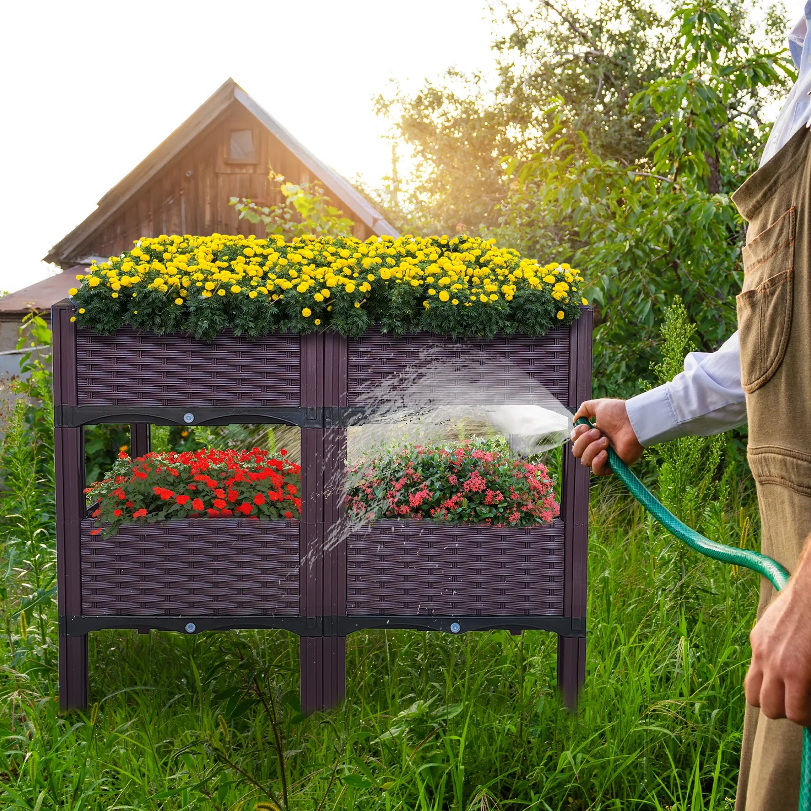 Self-Watering Garden Bed Set - 1 - Rattan appearance (realistic rattan) - 15.44 - Create your garden oasis effortlessly!