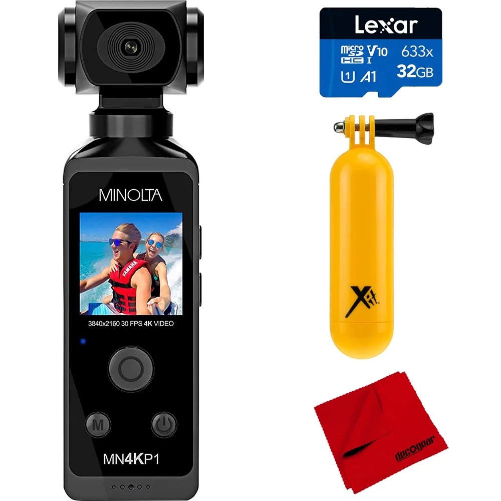 Minolta MN4KP1-BK 4K Ultra HD Pocket Camcorder w/WiFi & Waterproof Housing (Black) Bundle with Lexar 32GB microSDHC/microSDXC Memory Card, Yellow Floating Bobber Handle and Deco Gear Microfiber Cloth
