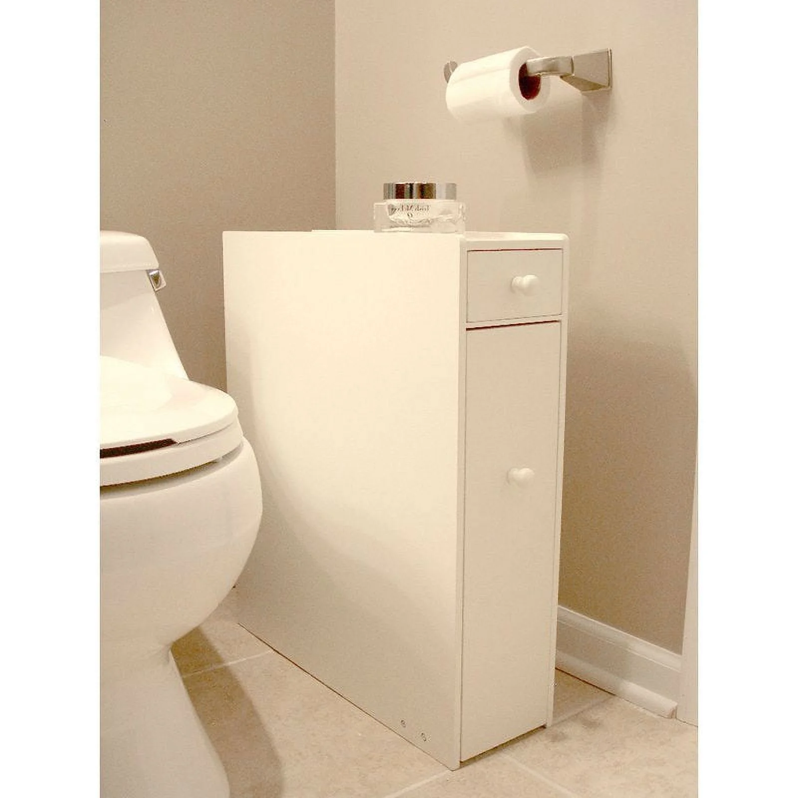 Space Saving Bathroom Floor Cabinet in White Wood Finish